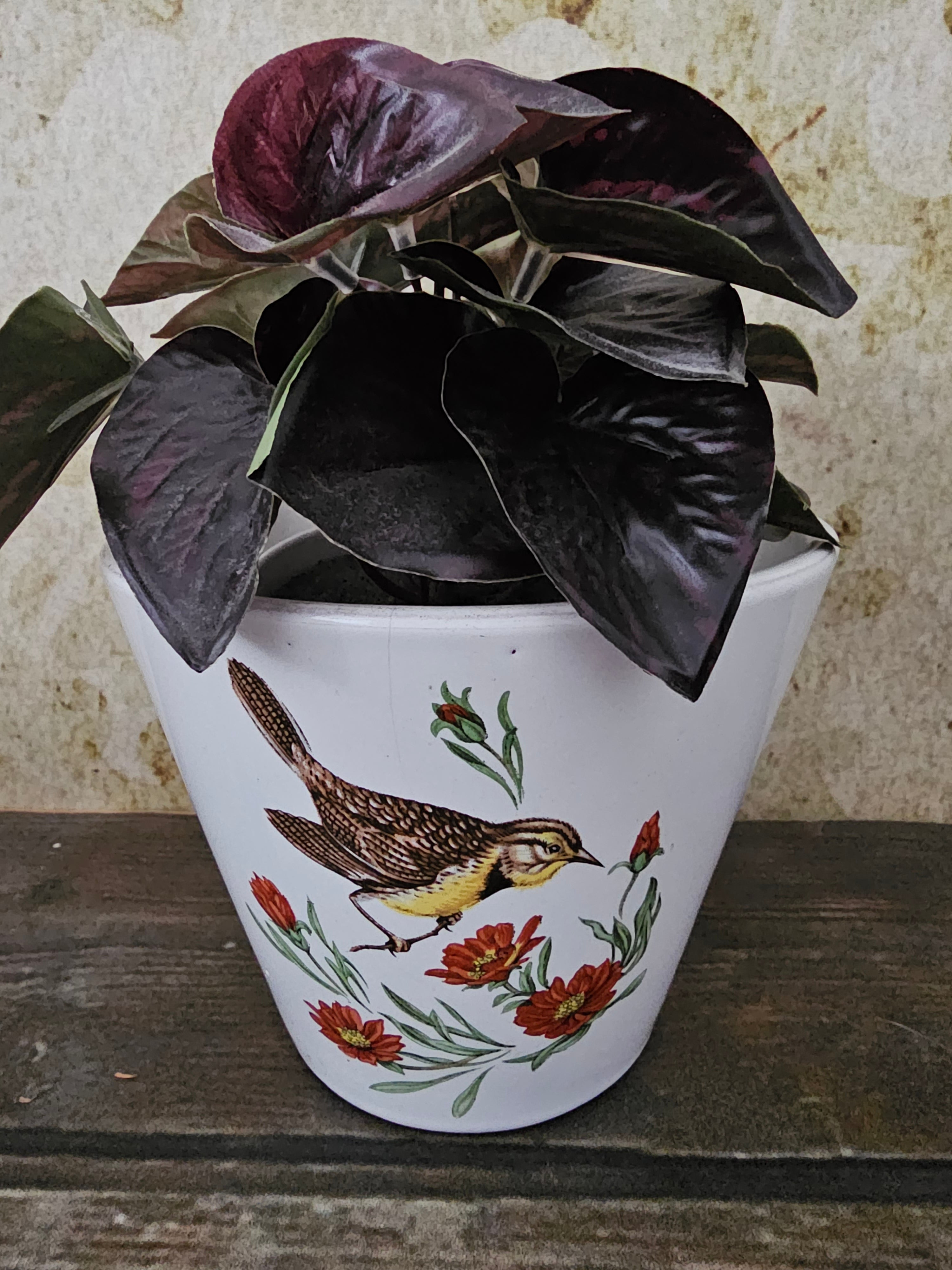 Vintage witte Adco bloempot met vogels