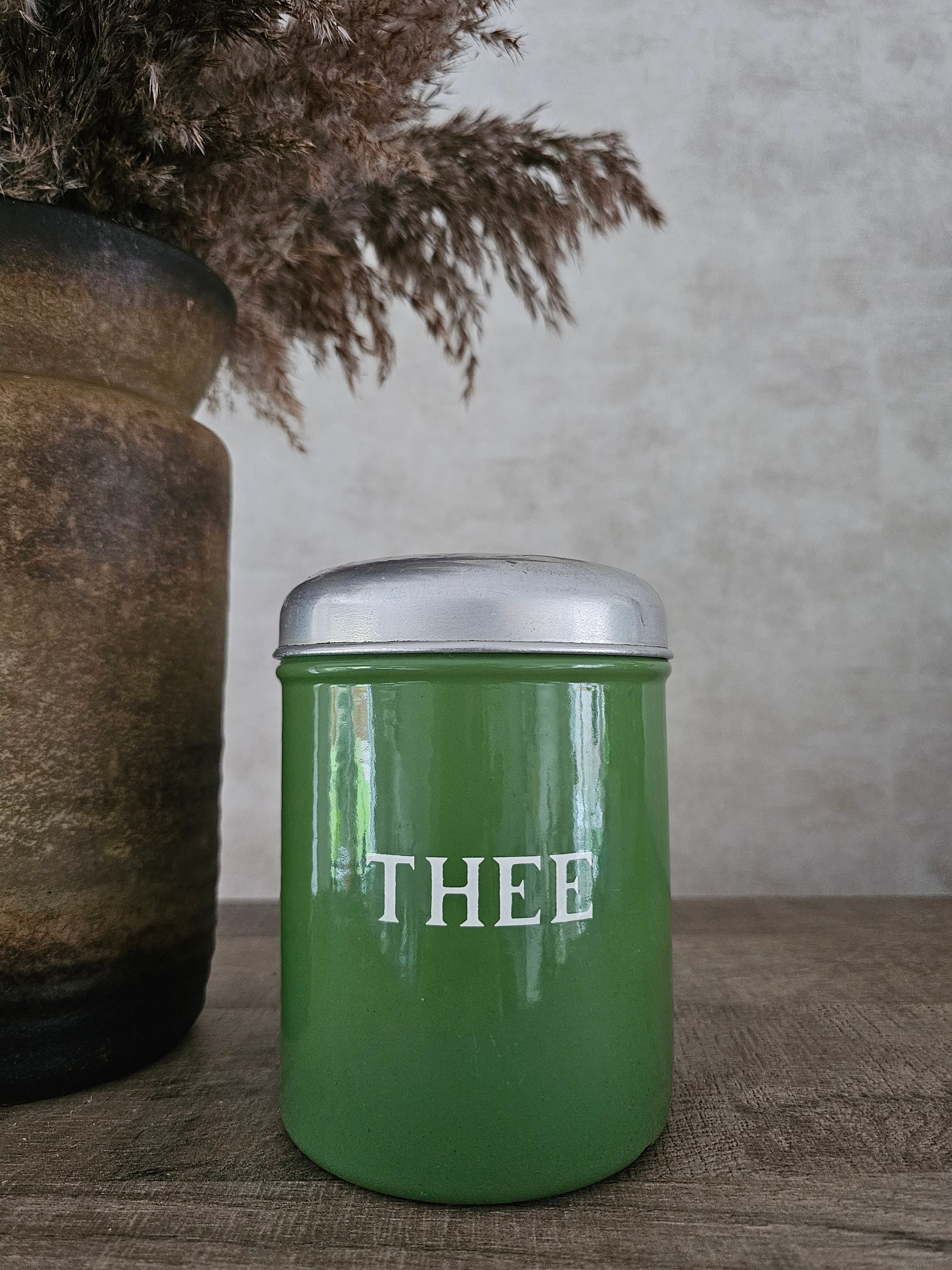 Emaille reseda groene voorraadbus "thee"