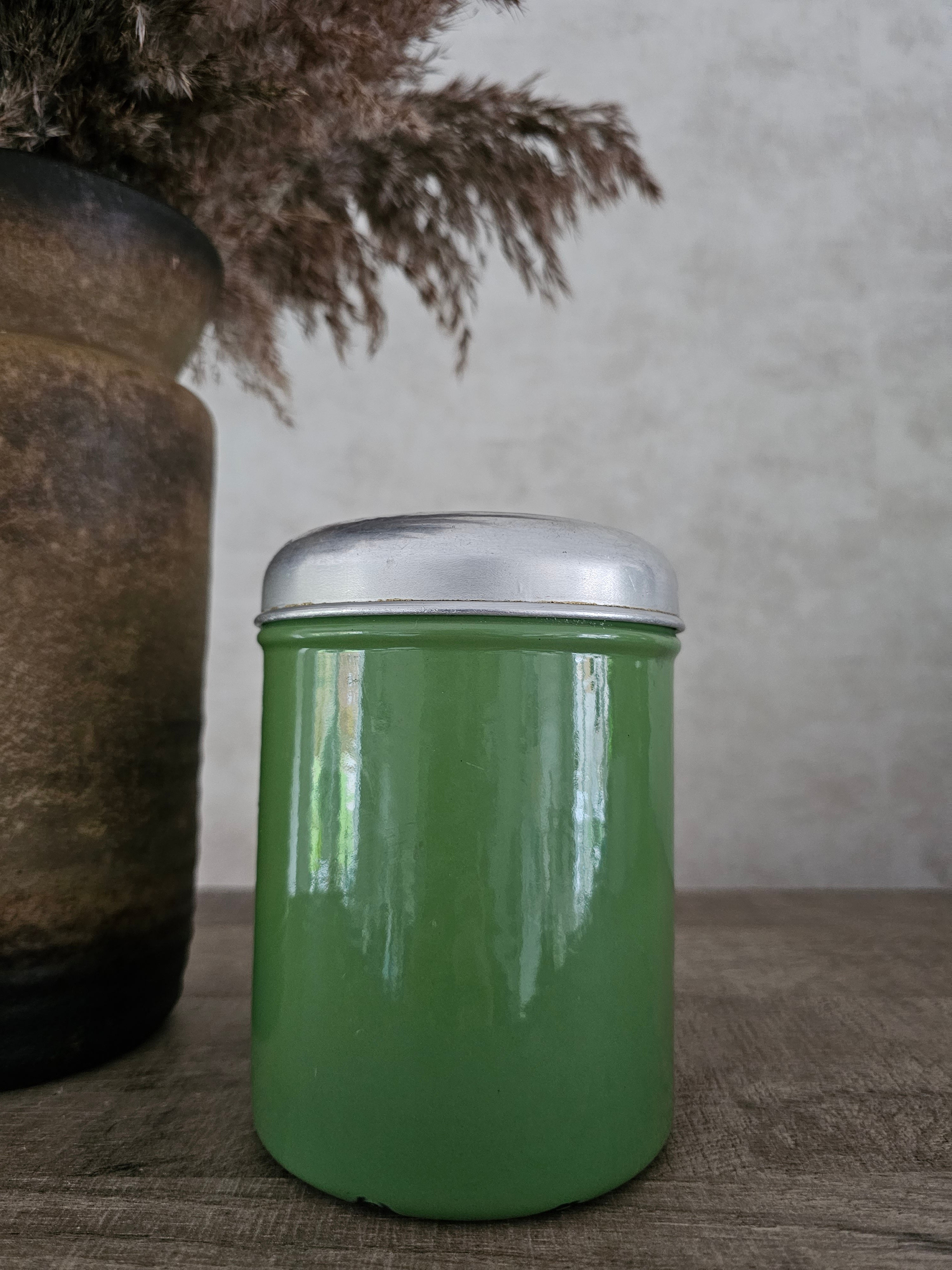 Emaille reseda groene voorraadbus "thee"