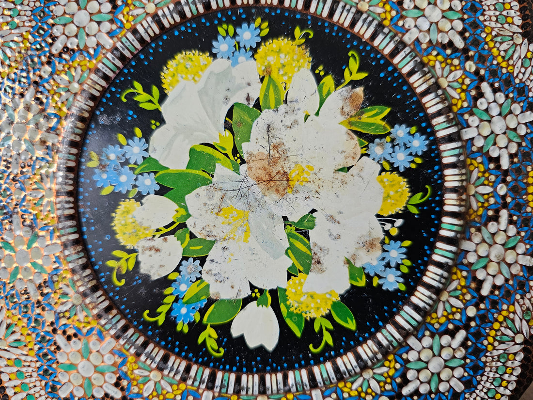 Vintage koektrommel mozaïek kraaltjes blik