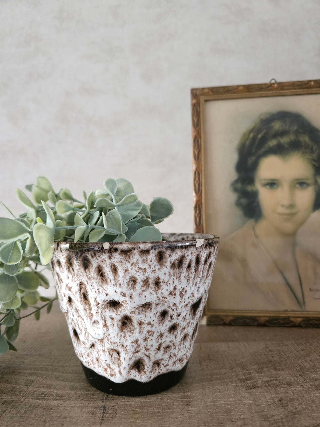 Vintage fat lava bloempotje bruin wit