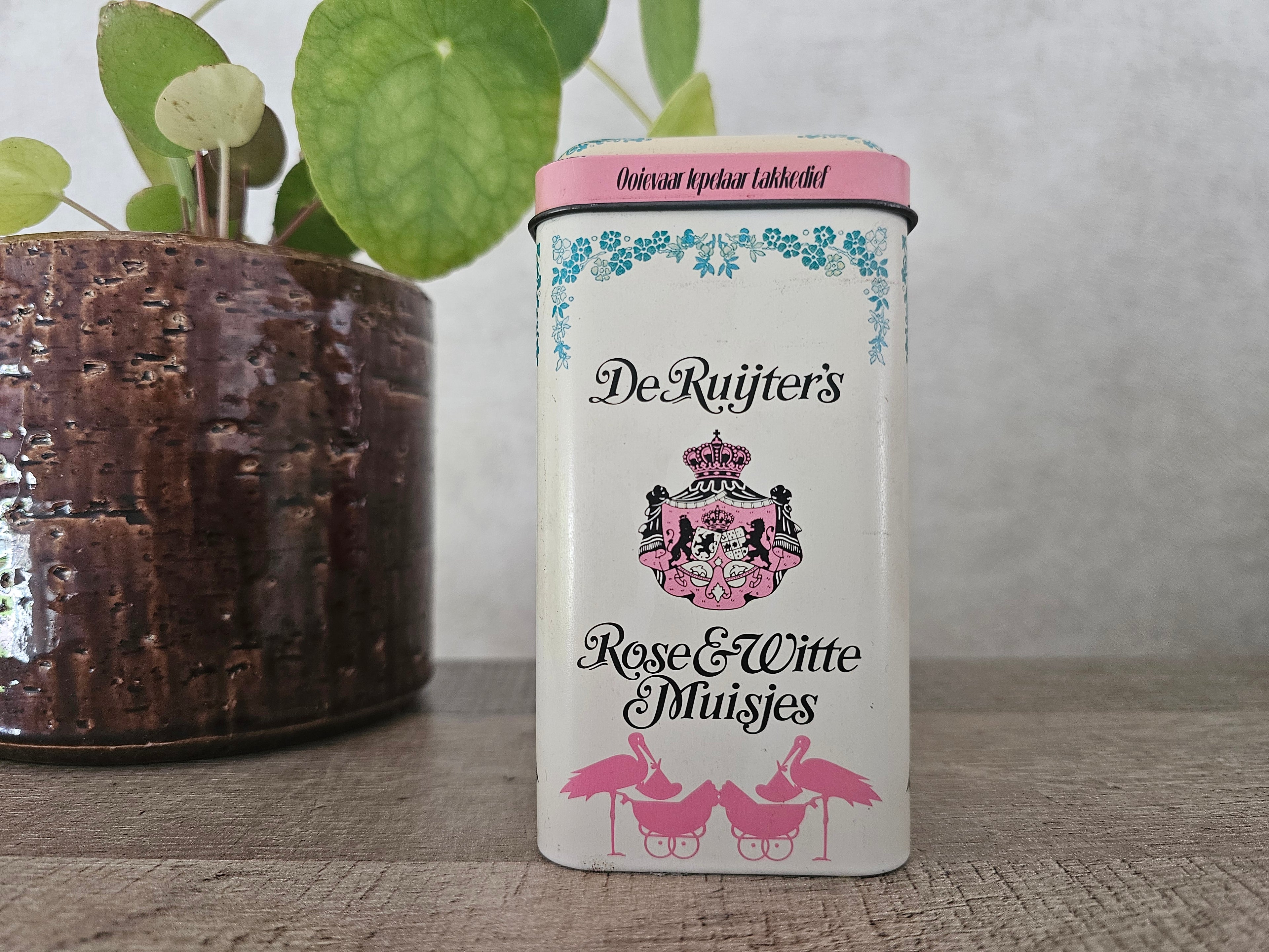 Vintage blik De Ruijter rose & witte muisjes