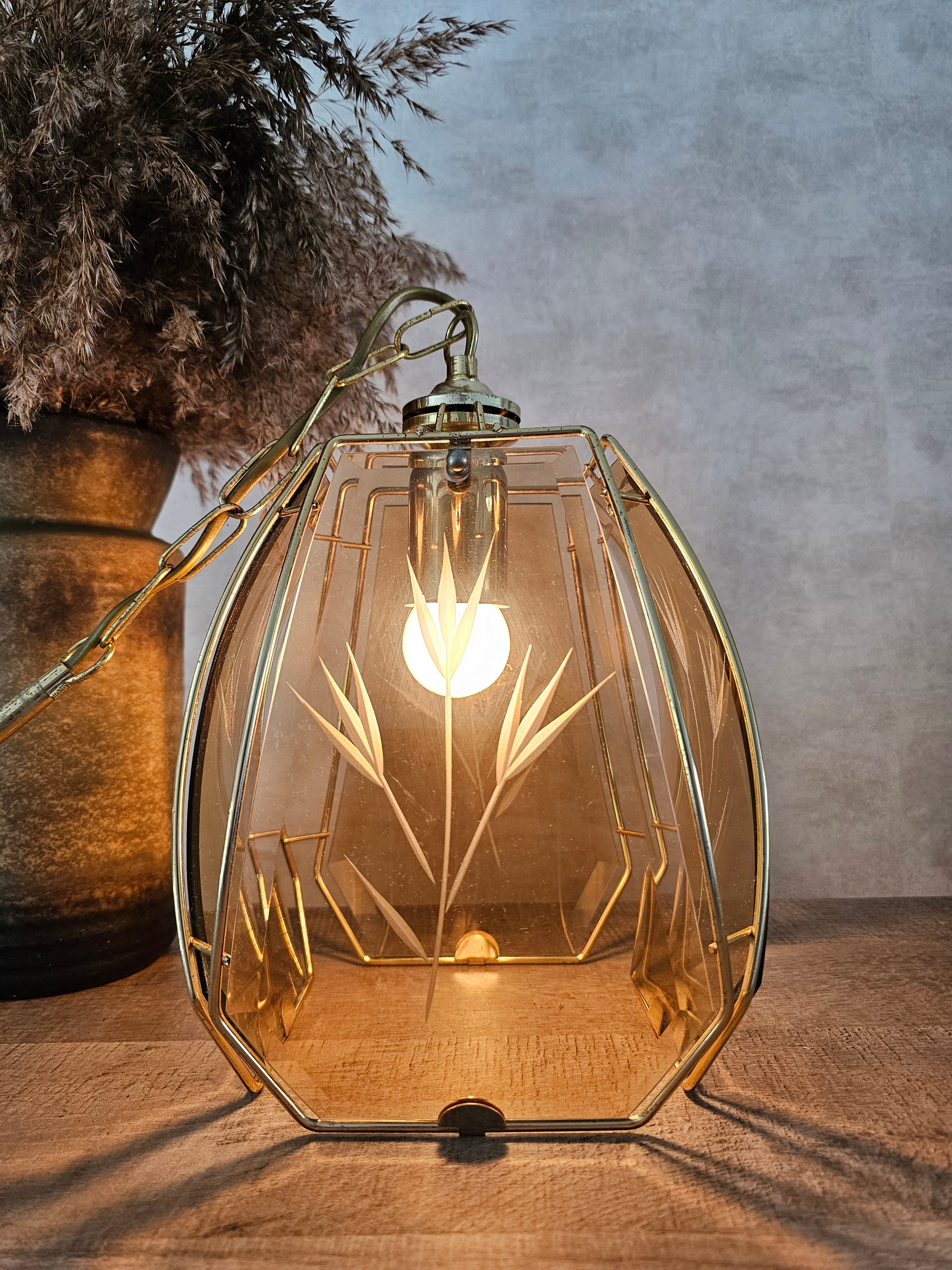 Vintage rookglas hanglamp Hollywood Regency