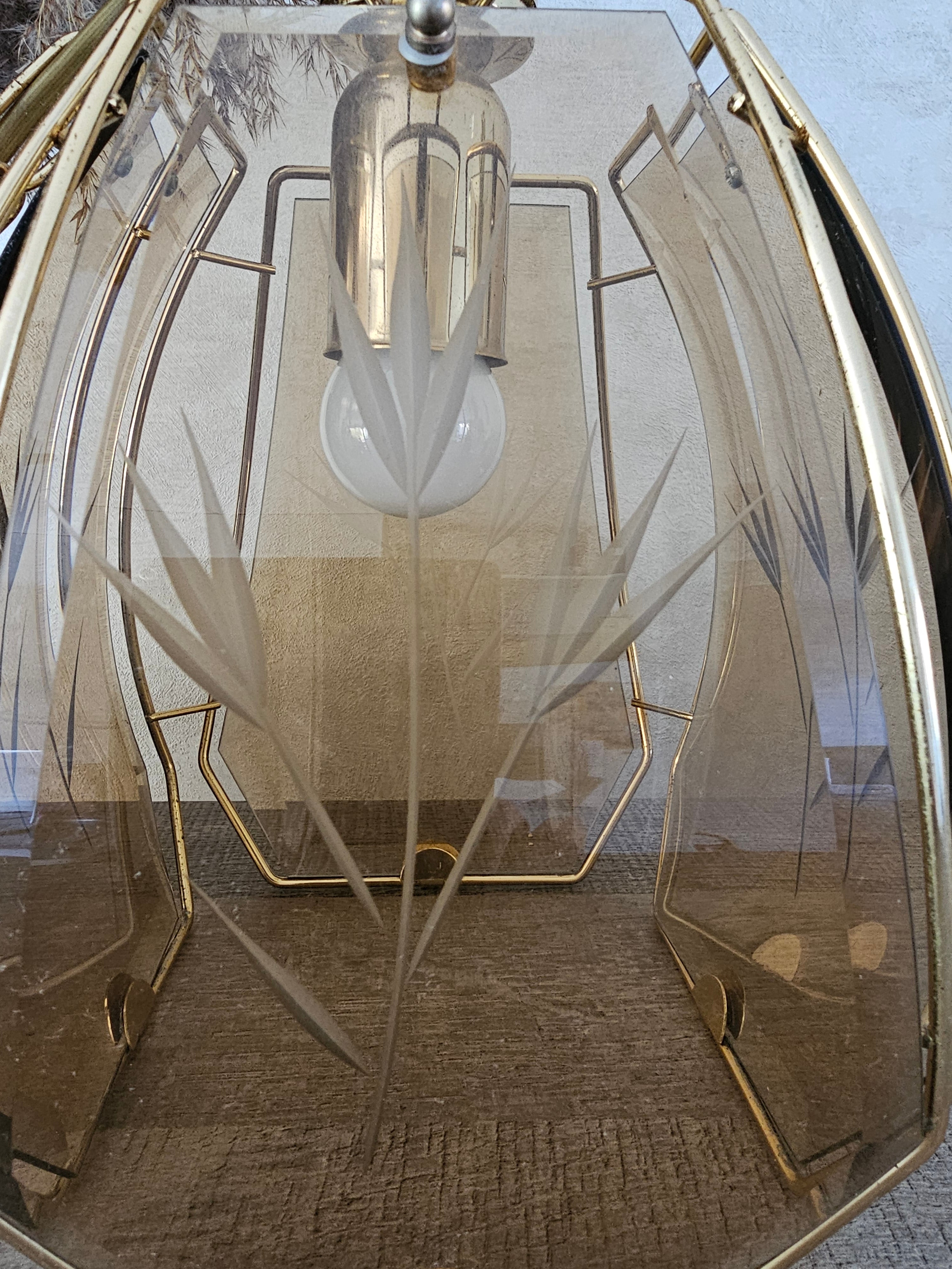 Vintage rookglas hanglamp Hollywood Regency