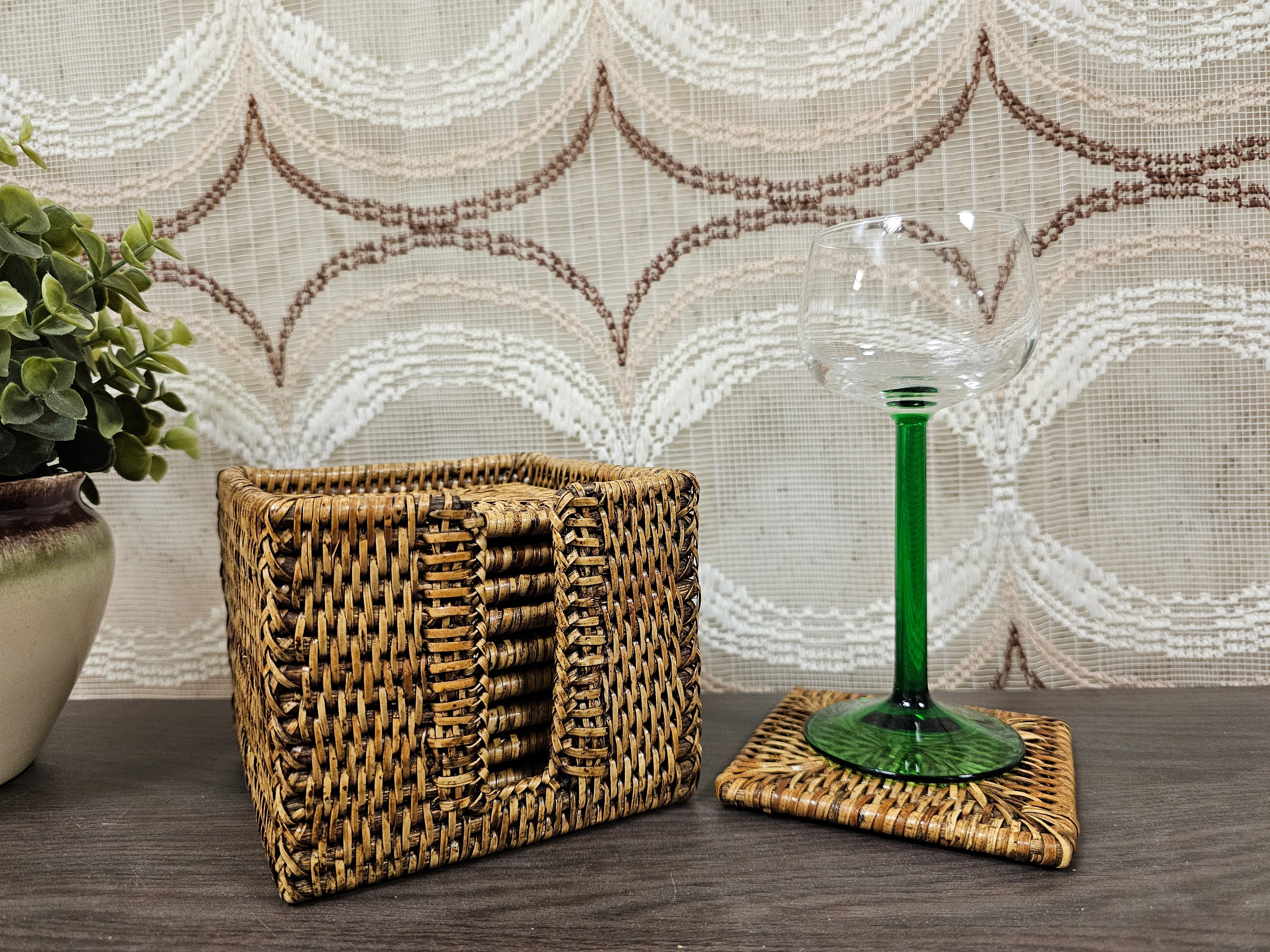 Birma rieten onderzetters – set van 10 met houder