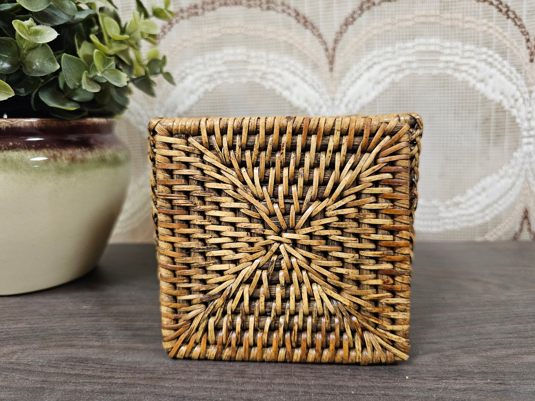 Birma rieten onderzetters – set van 10 met houder