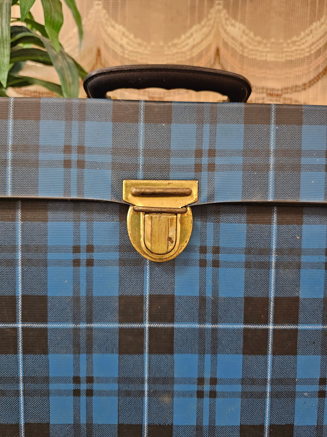 Platenkoffer blauw geruit