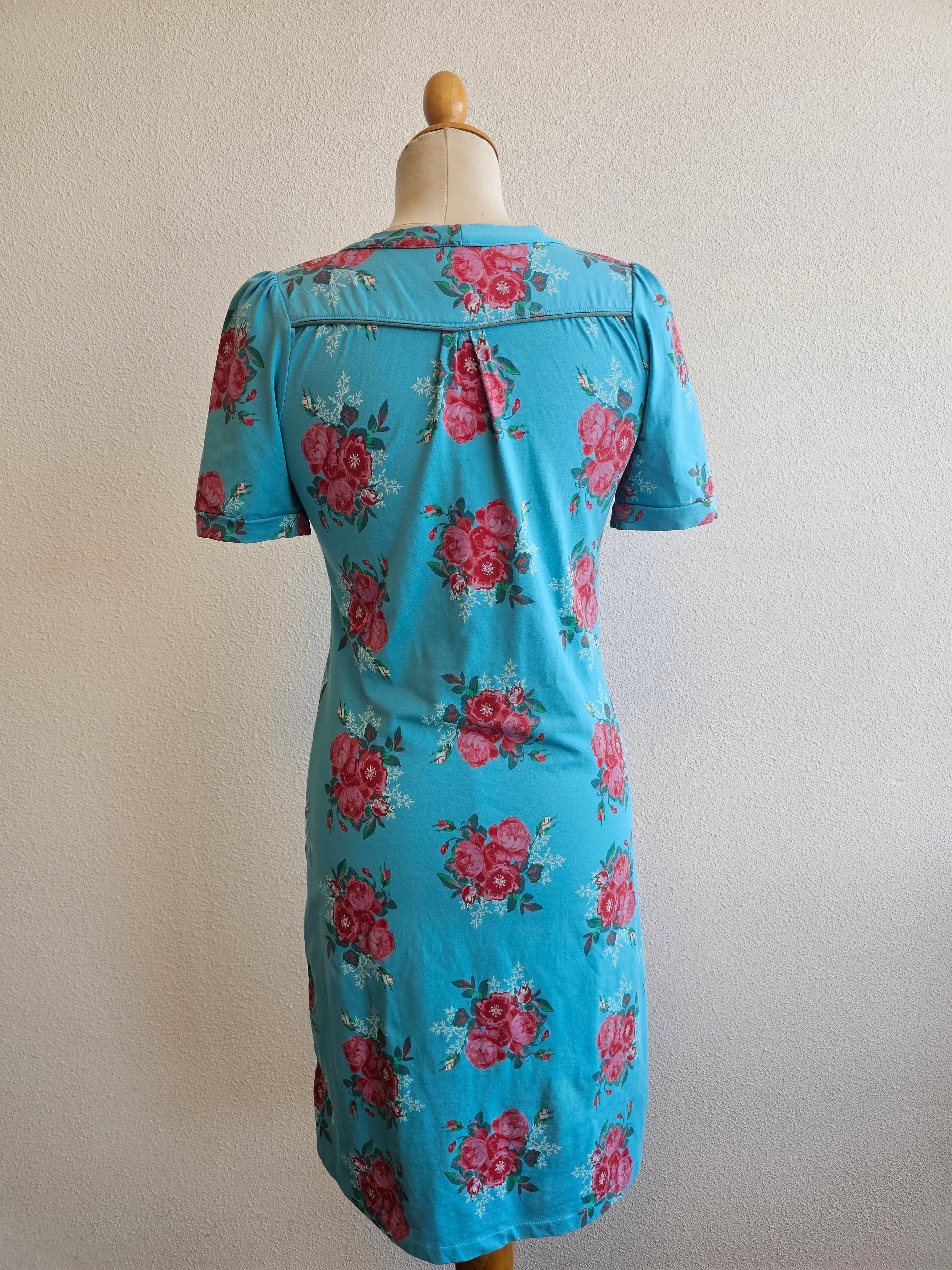 Tante Betsy jurk blauwe roze bloemen S
