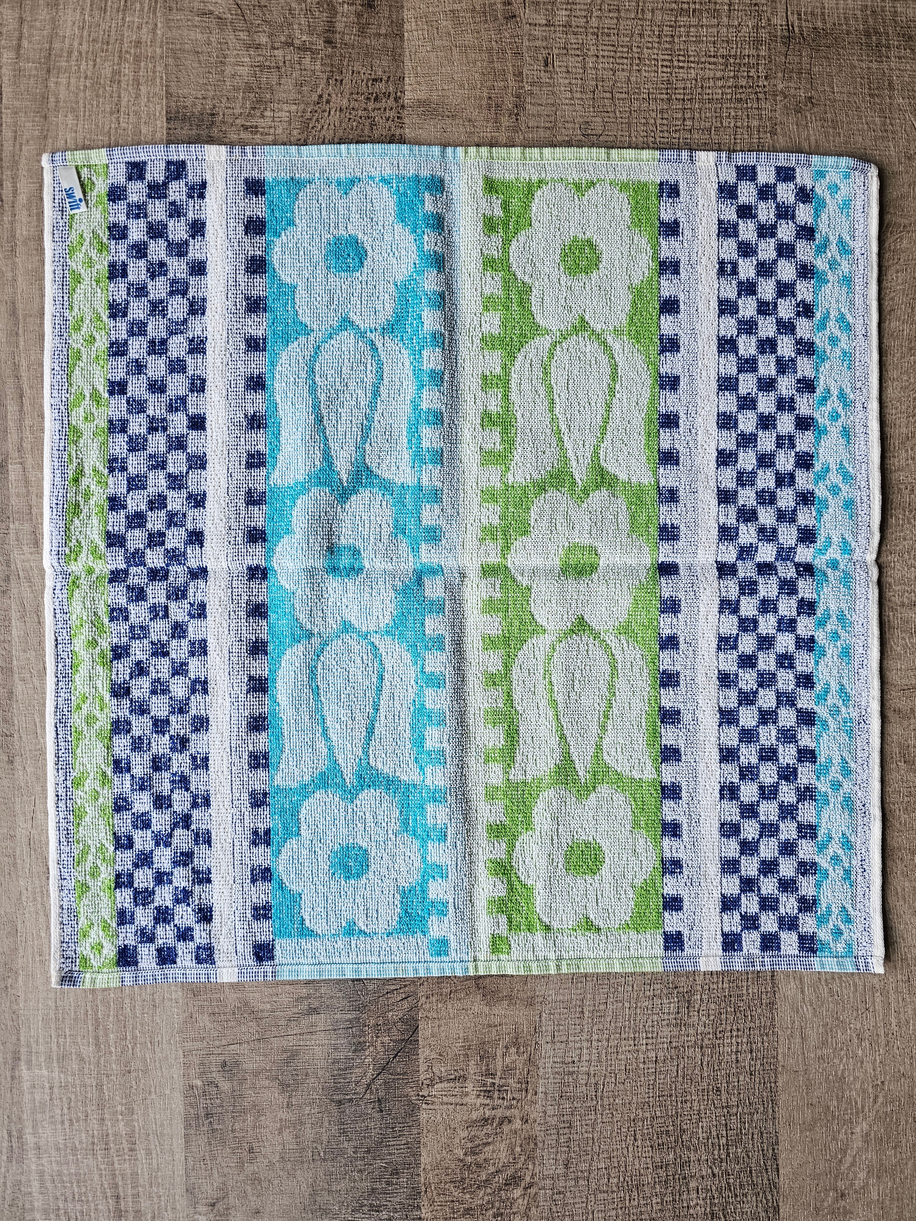 Vintage keuken handdoek blauw groen bloemen