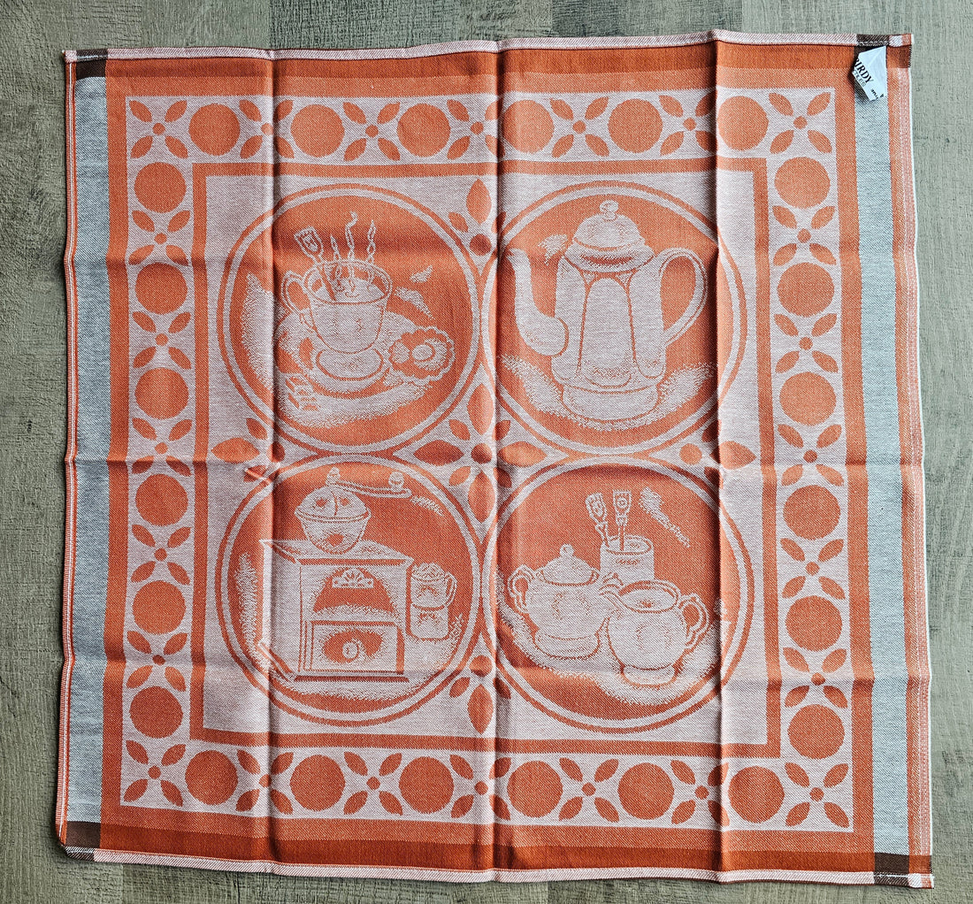 Vintage katoenen theedoek koffie en thee print 56 x 62 cm