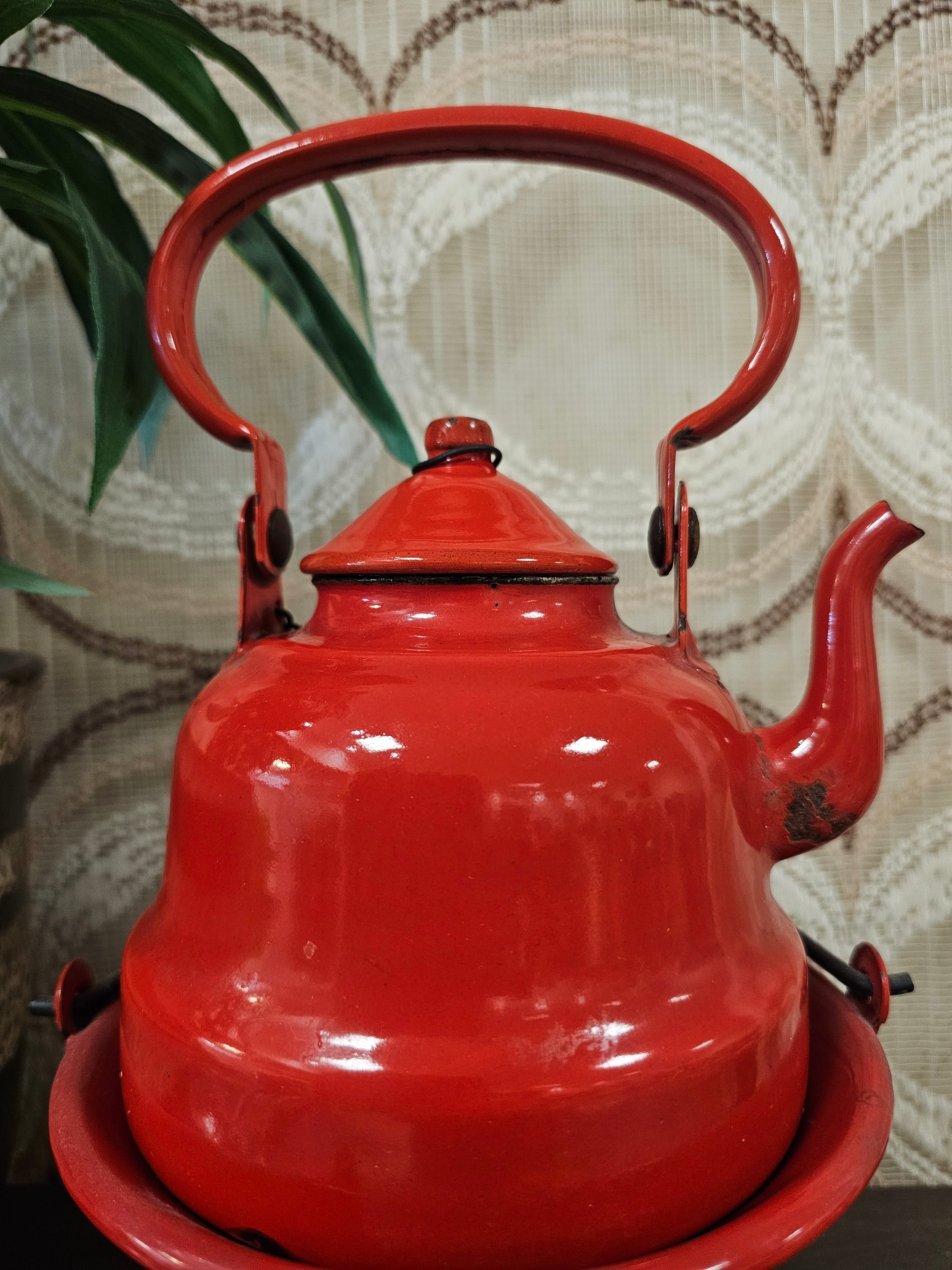 Vintage emaille rode ketel met rechaud
