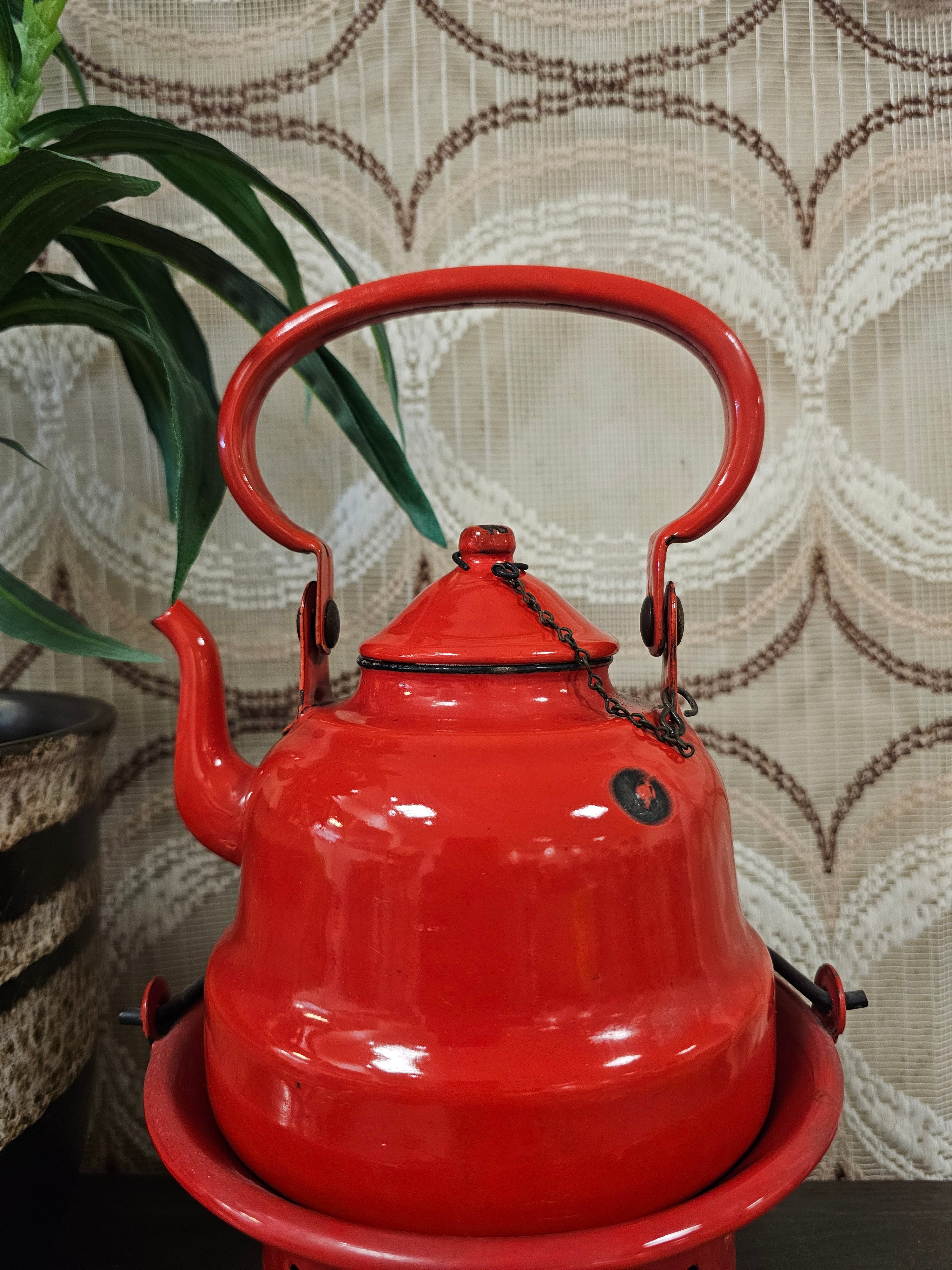Vintage emaille rode ketel met rechaud