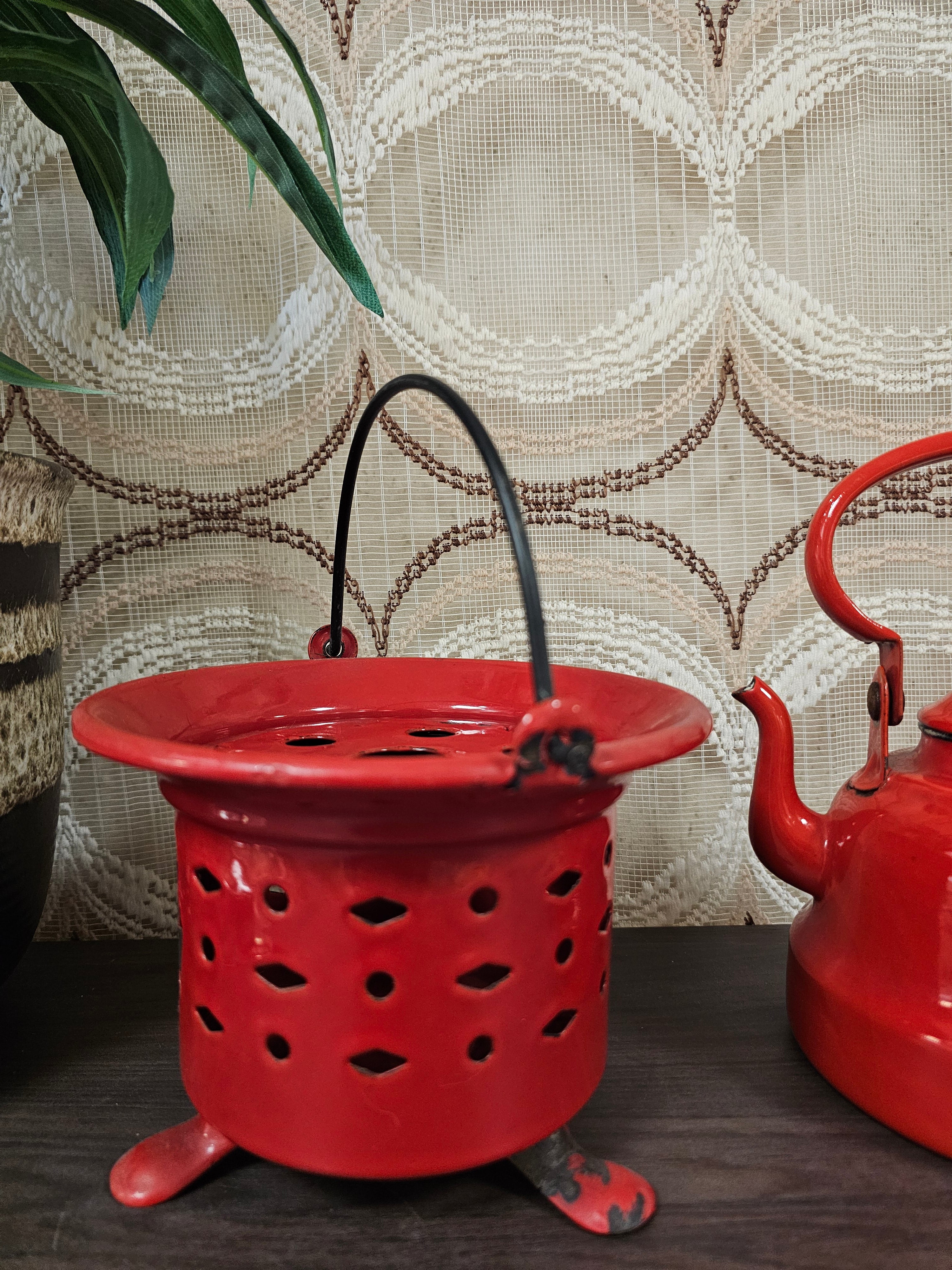 Vintage emaille rode ketel met rechaud
