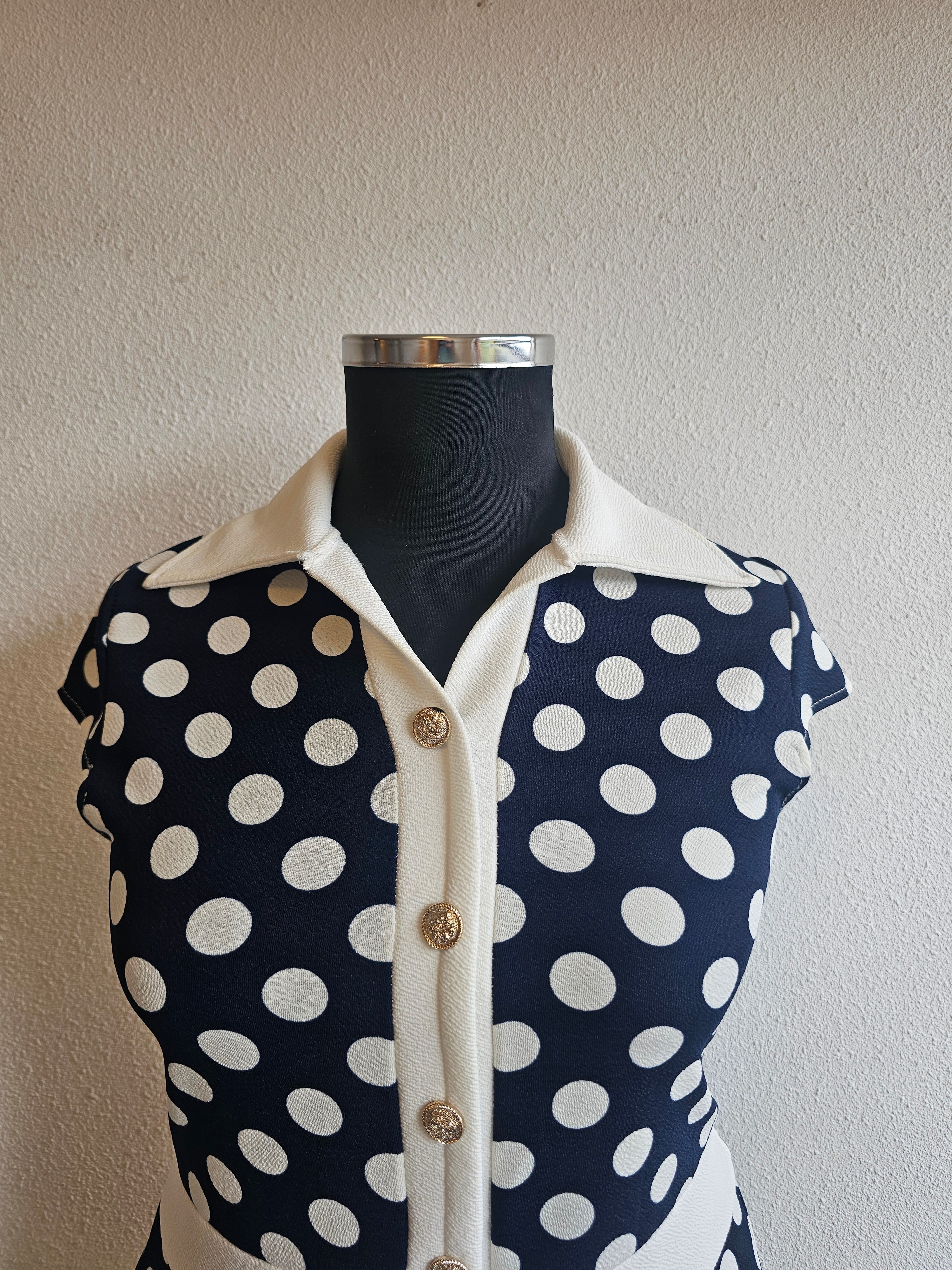 Retro donkerblauw witte polkadot jurk