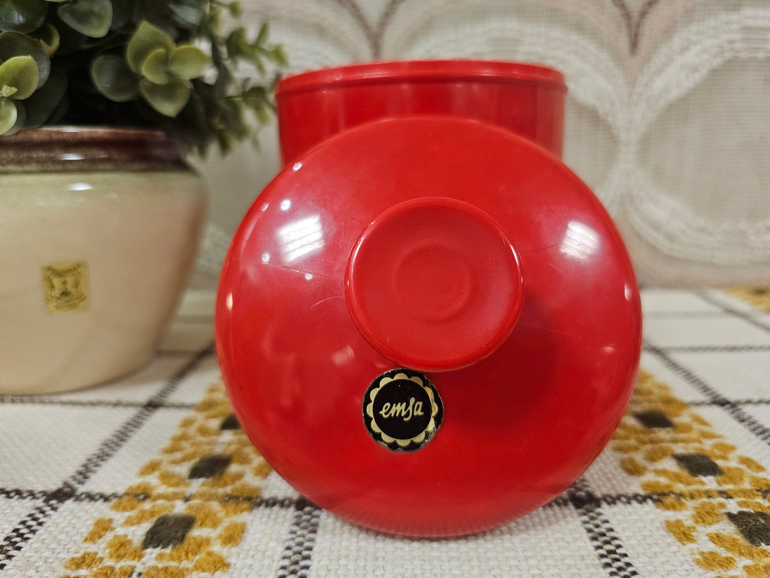 Vintage Emsa rode voorraadpot koffie met originele stickers – jaren ’70