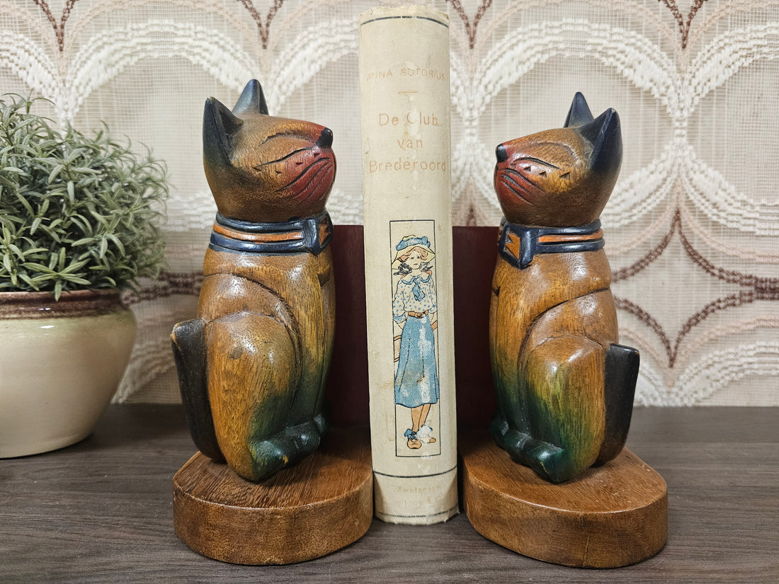 Houten katten boekensteunen – vintage set jaren 60