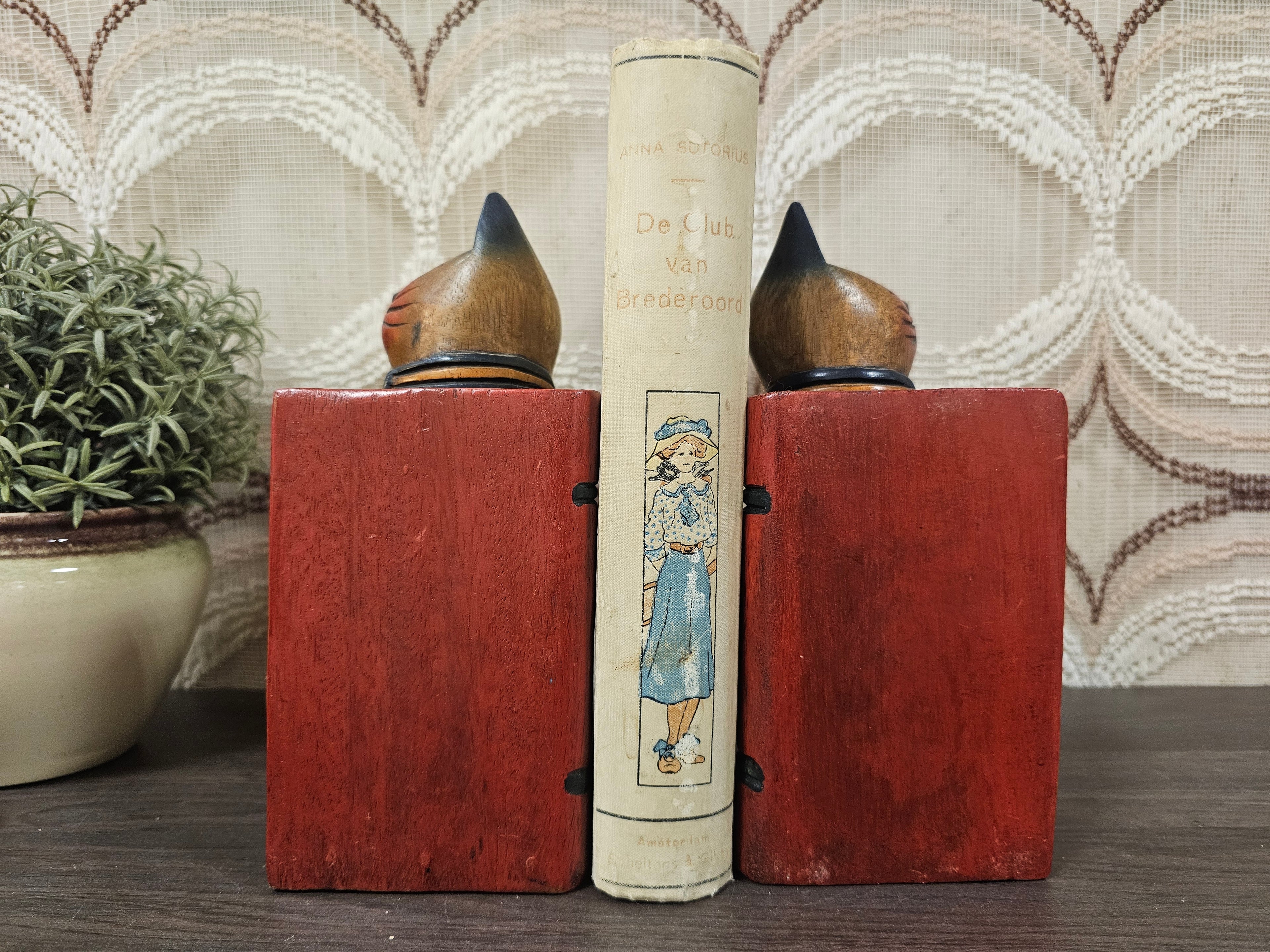 Houten katten boekensteunen – vintage set jaren 60