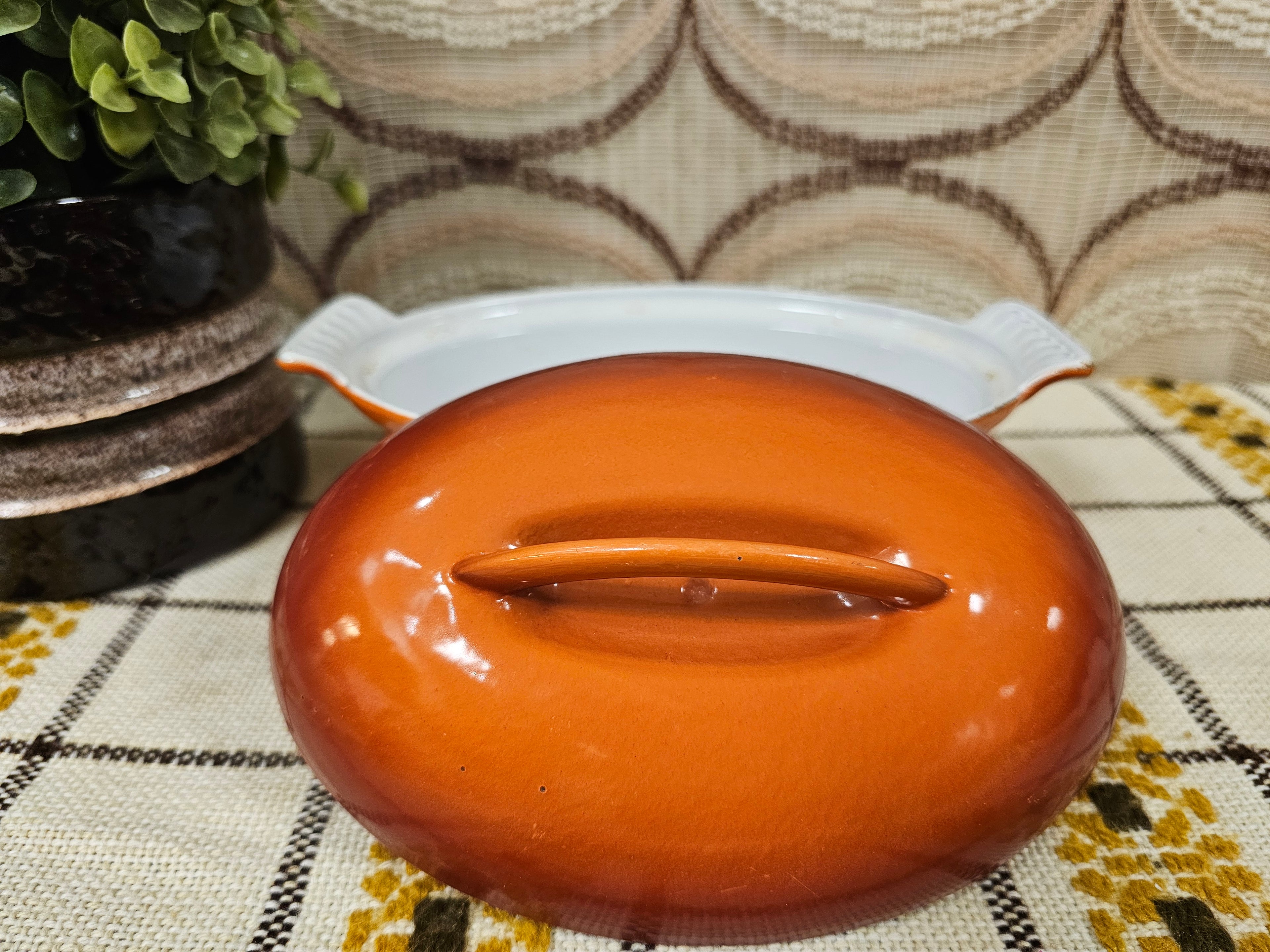 DRU oranje ovenschaal met deksel  geëmailleerd gietijzer Made in Holland