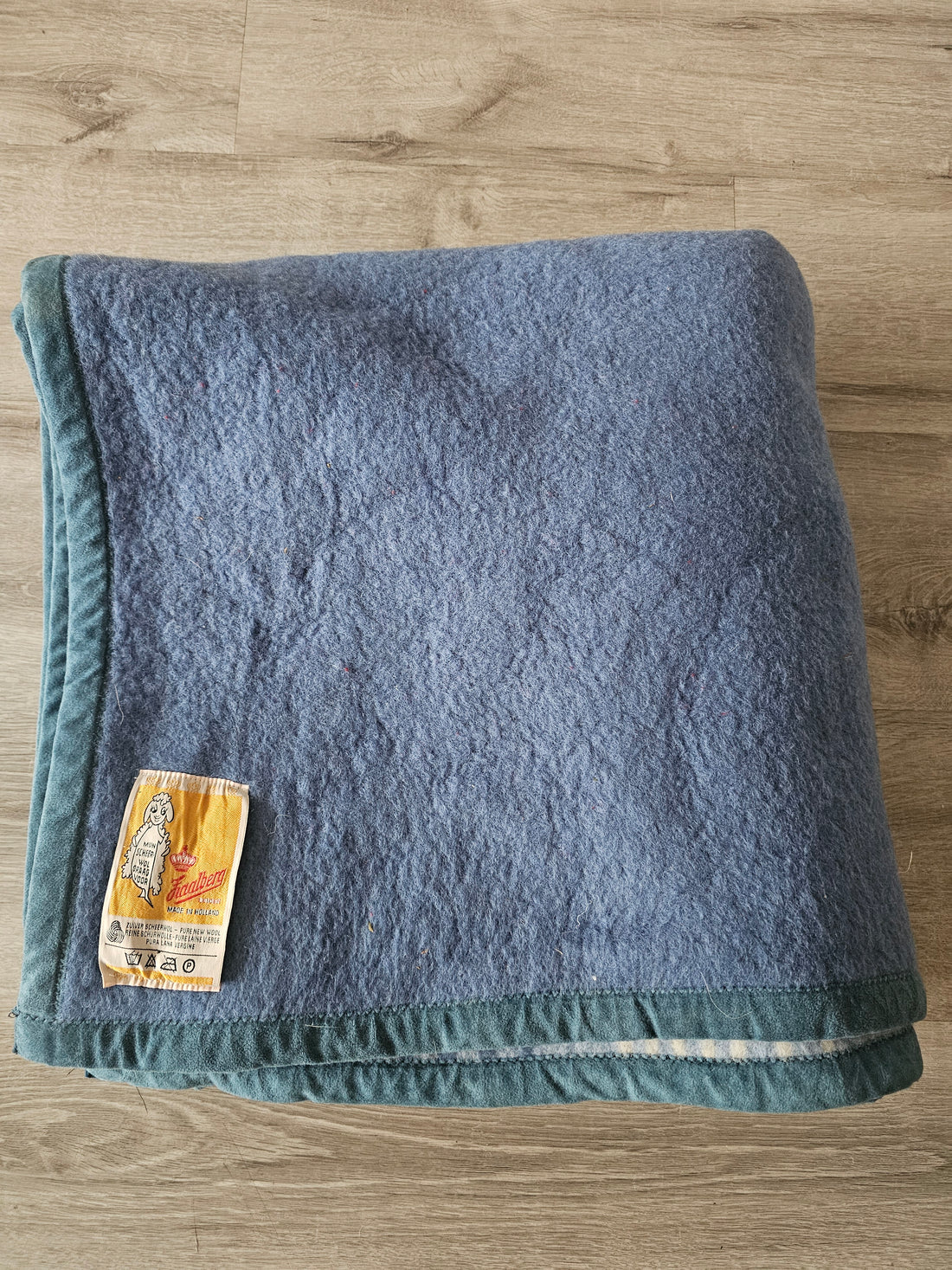 Vintage Zaalberg wollen deken blauw gestreept/effen – 208 × 215 cm