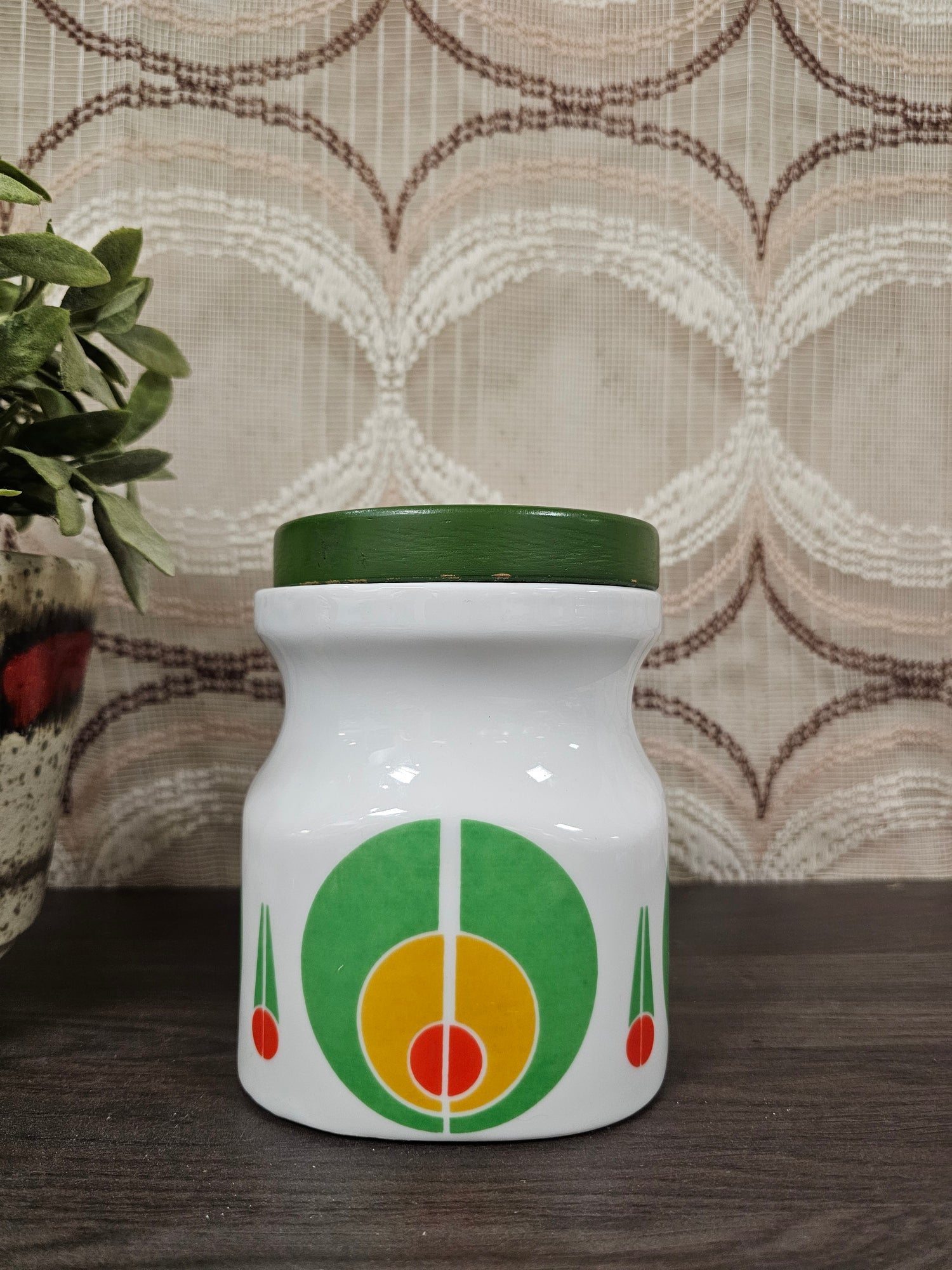 Vintage keramieken pot met houten deksel  jaren ’70 keukenpot (15 cm)