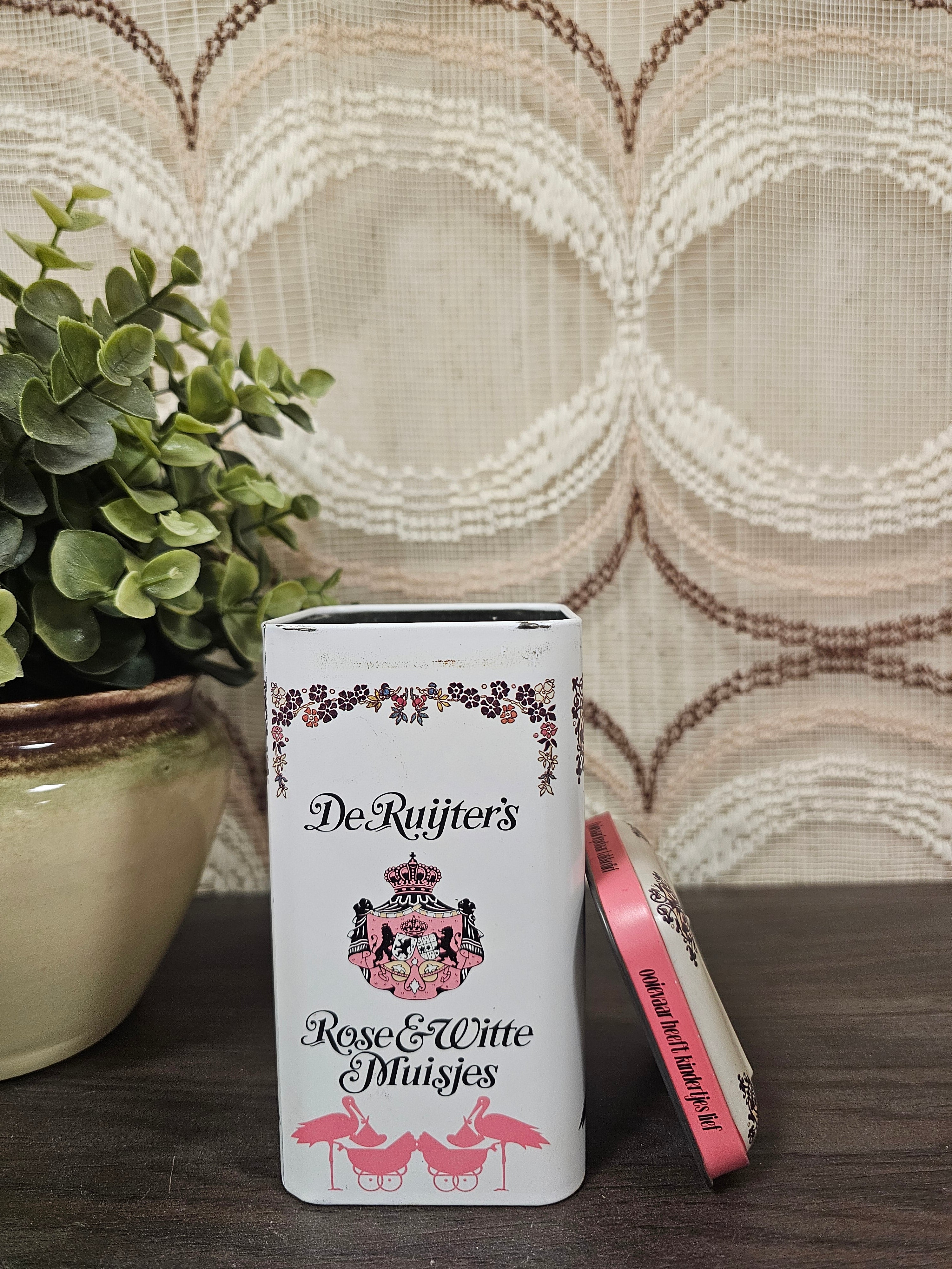 Vintage blik De Ruijter rose & witte muisjes