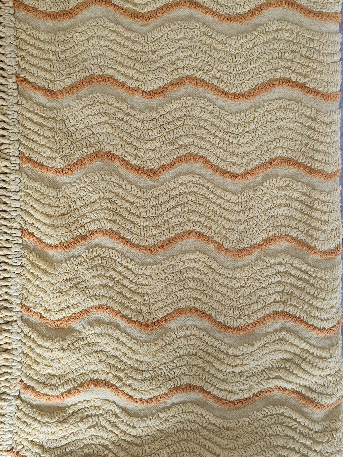 Vintage chenille sprei zachtgeel met oranje streep 142 x 203 cm