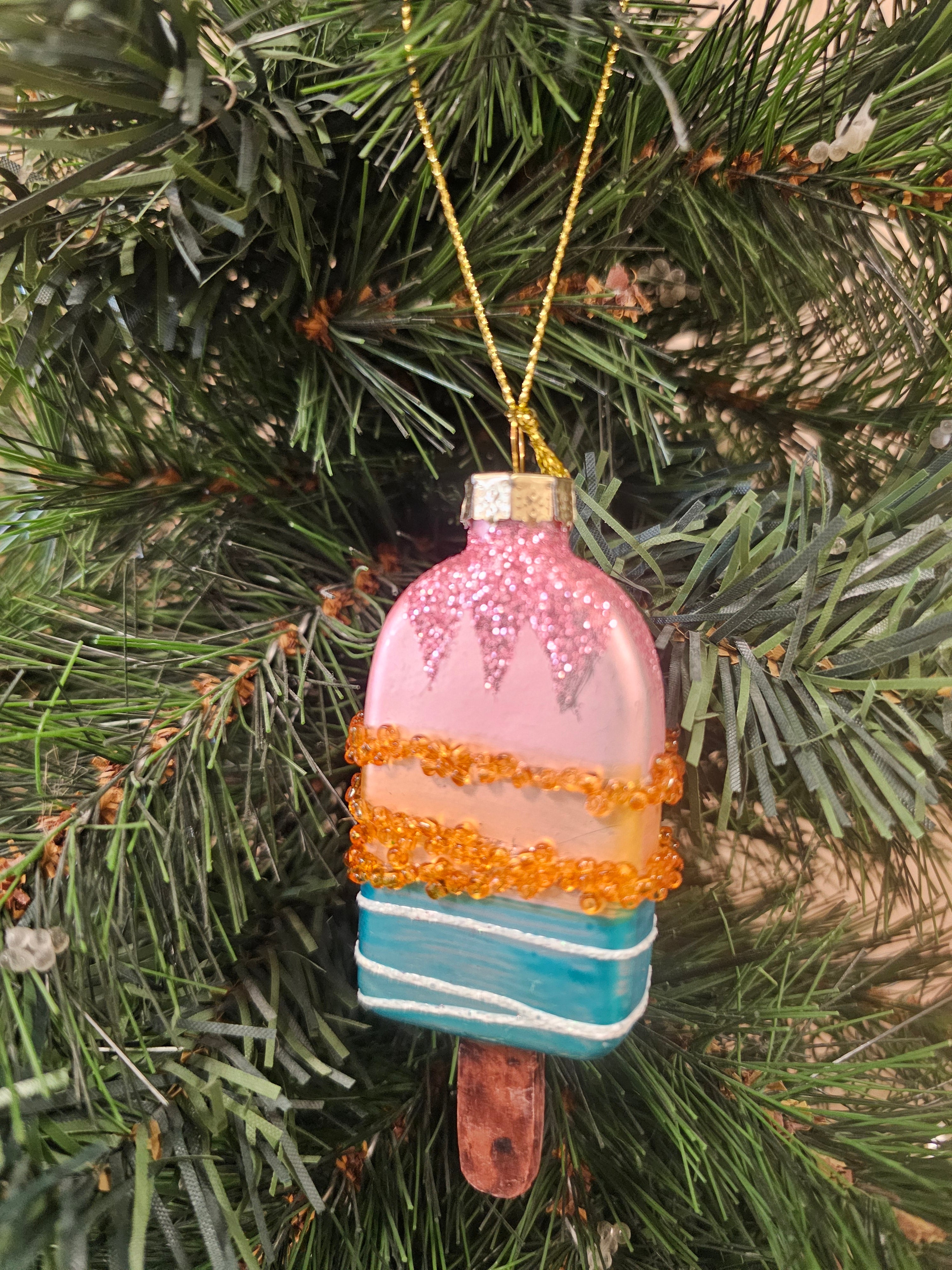 Retro kerstbal ijsje glazen ornament met glitters en kraaltjes