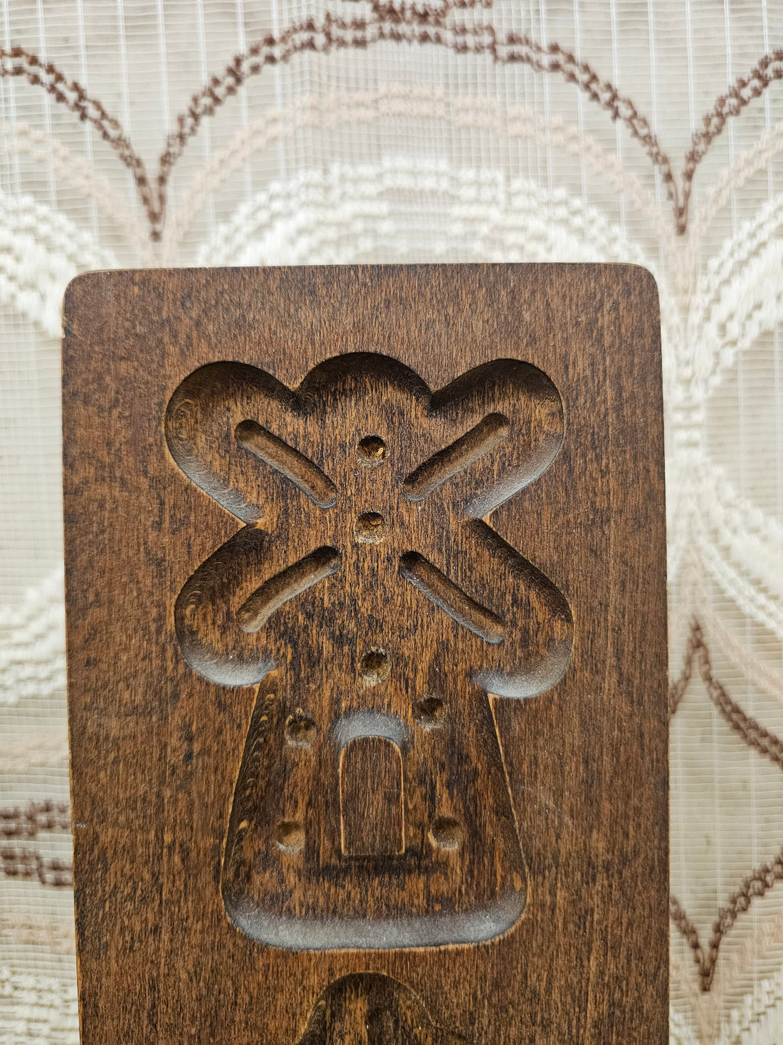 Vintage houten speculaasplank – molen en schip – 23,5 x 11 cm