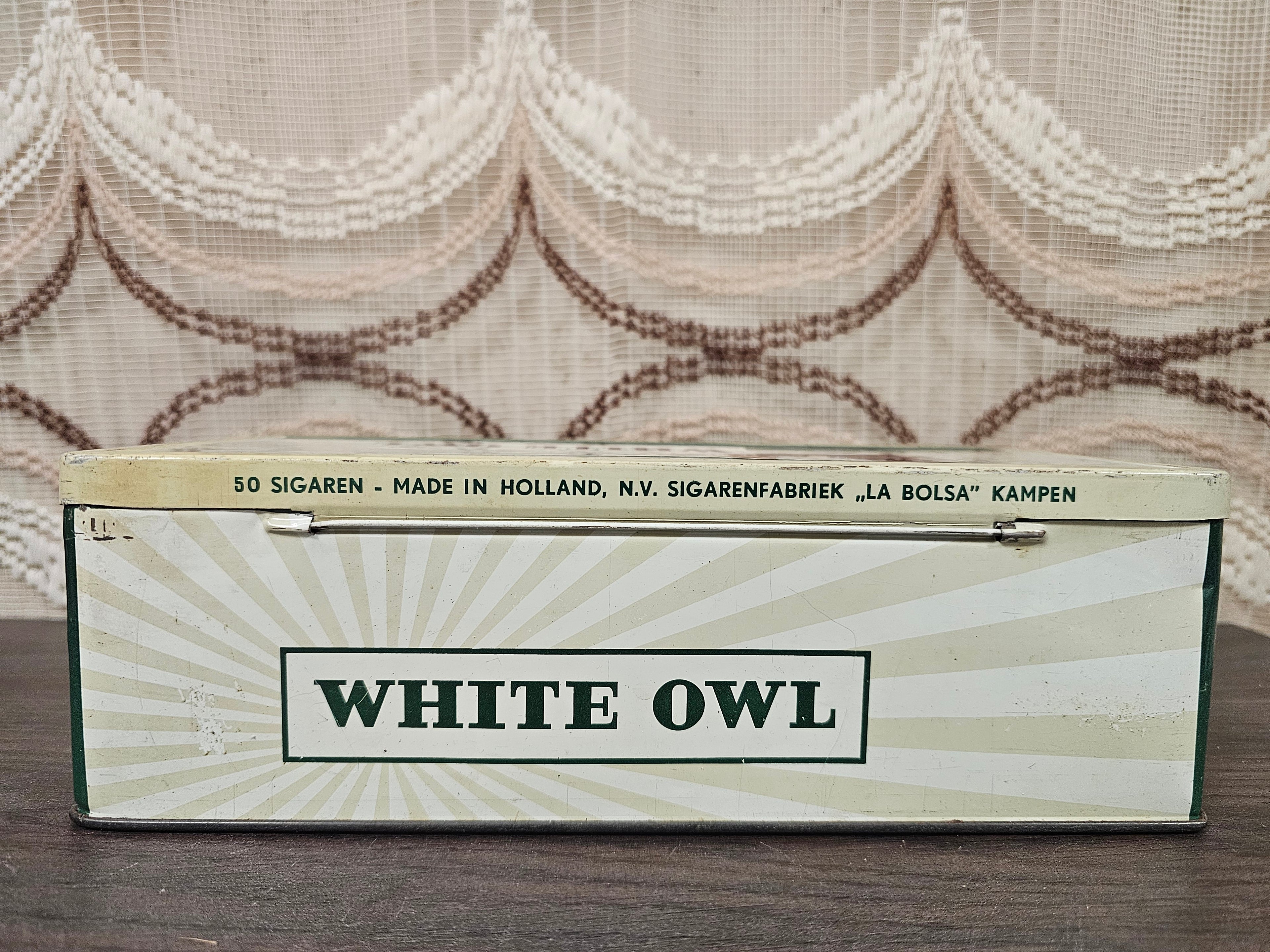 Vintage sigarenblik White Owl La Bolsa Kampen, jaren &