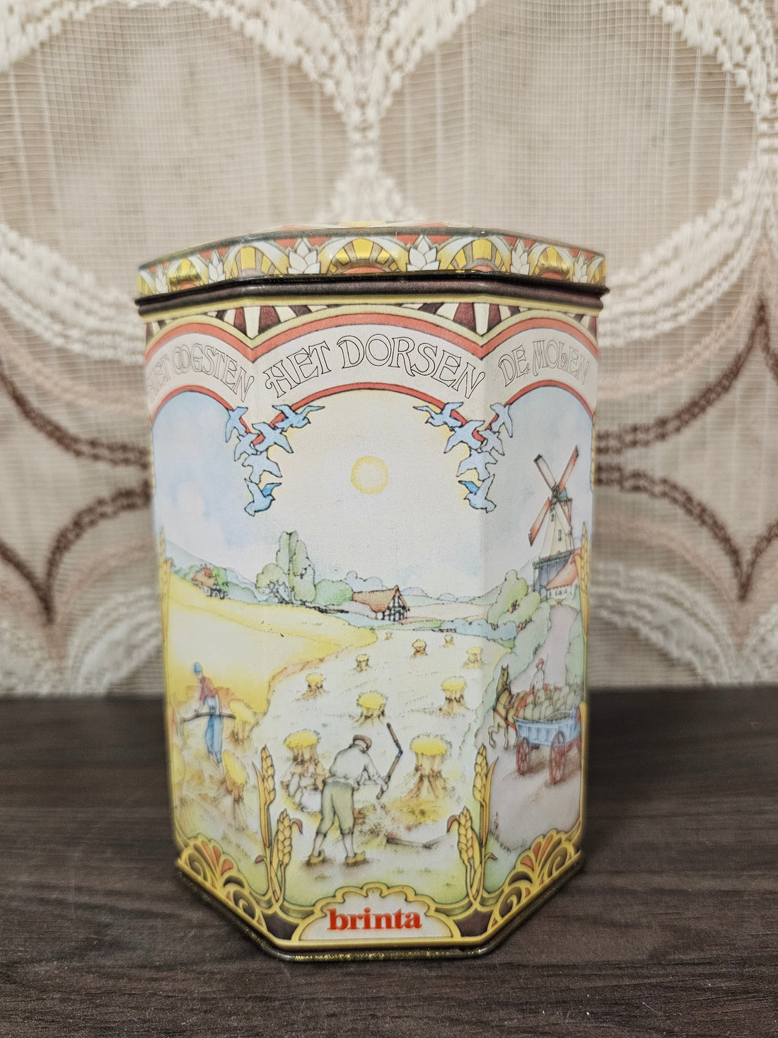 Vintage Brinta blik zeshoekige voorraadbus 17 cm