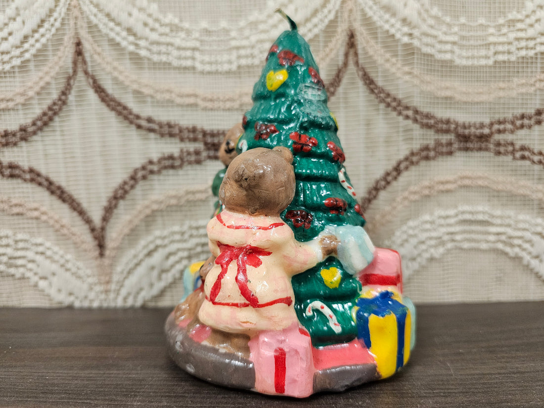 Vintage kerstkaars met beertjes en kerstboom decoratie kaars