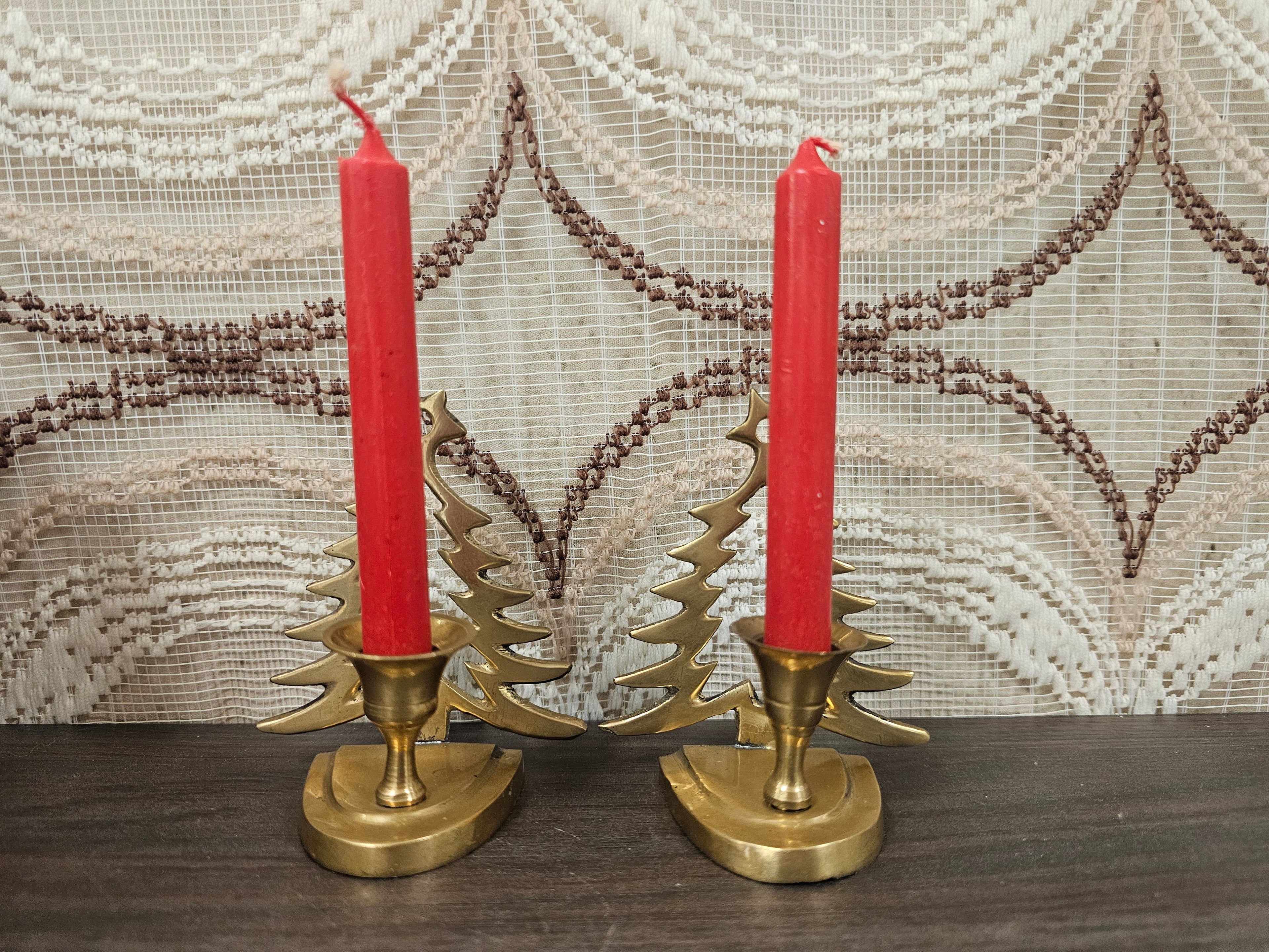 Vintage messing kandelaars met kerstboom set van 2