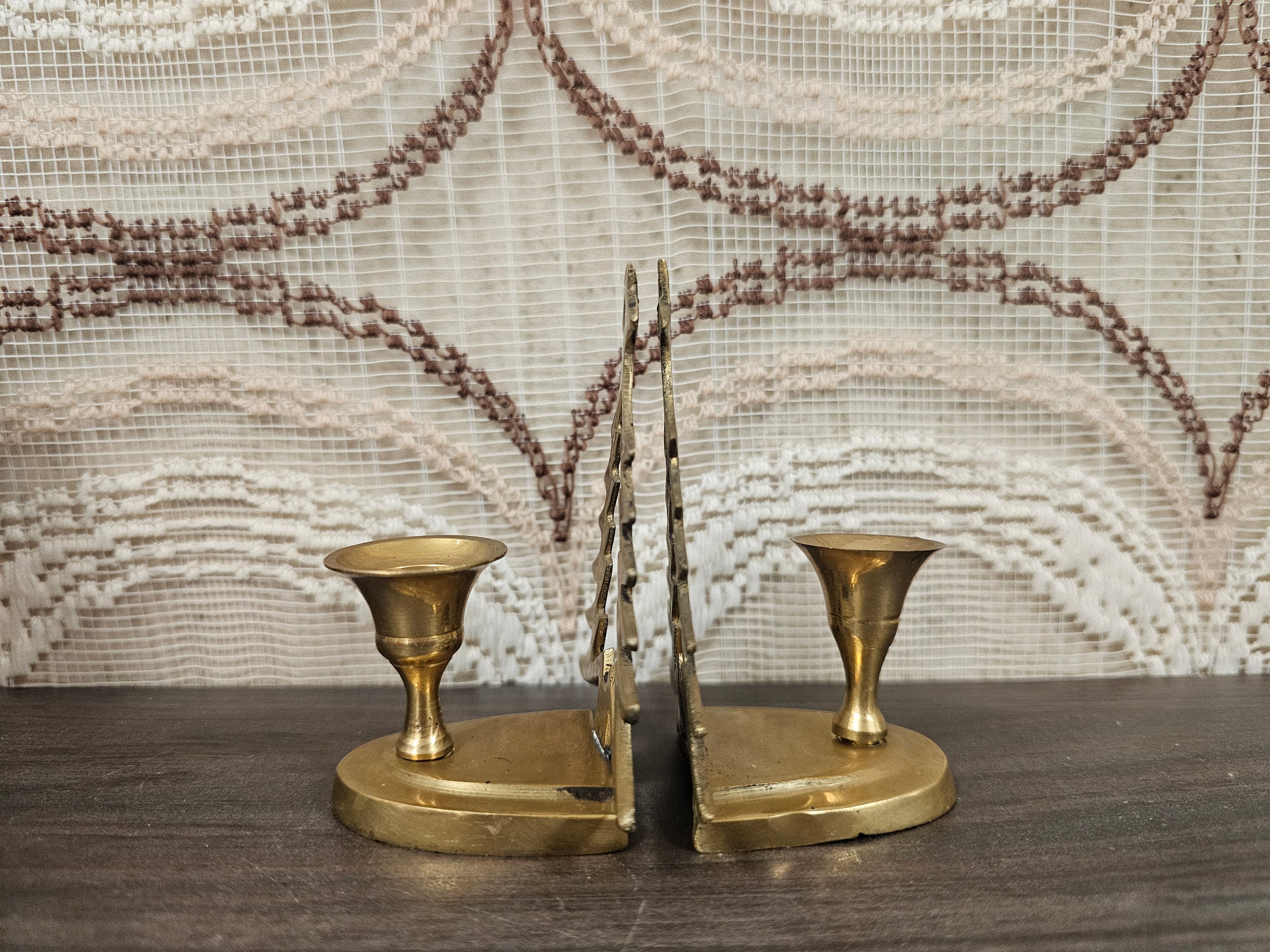 Vintage messing kandelaars met kerstboom set van 2