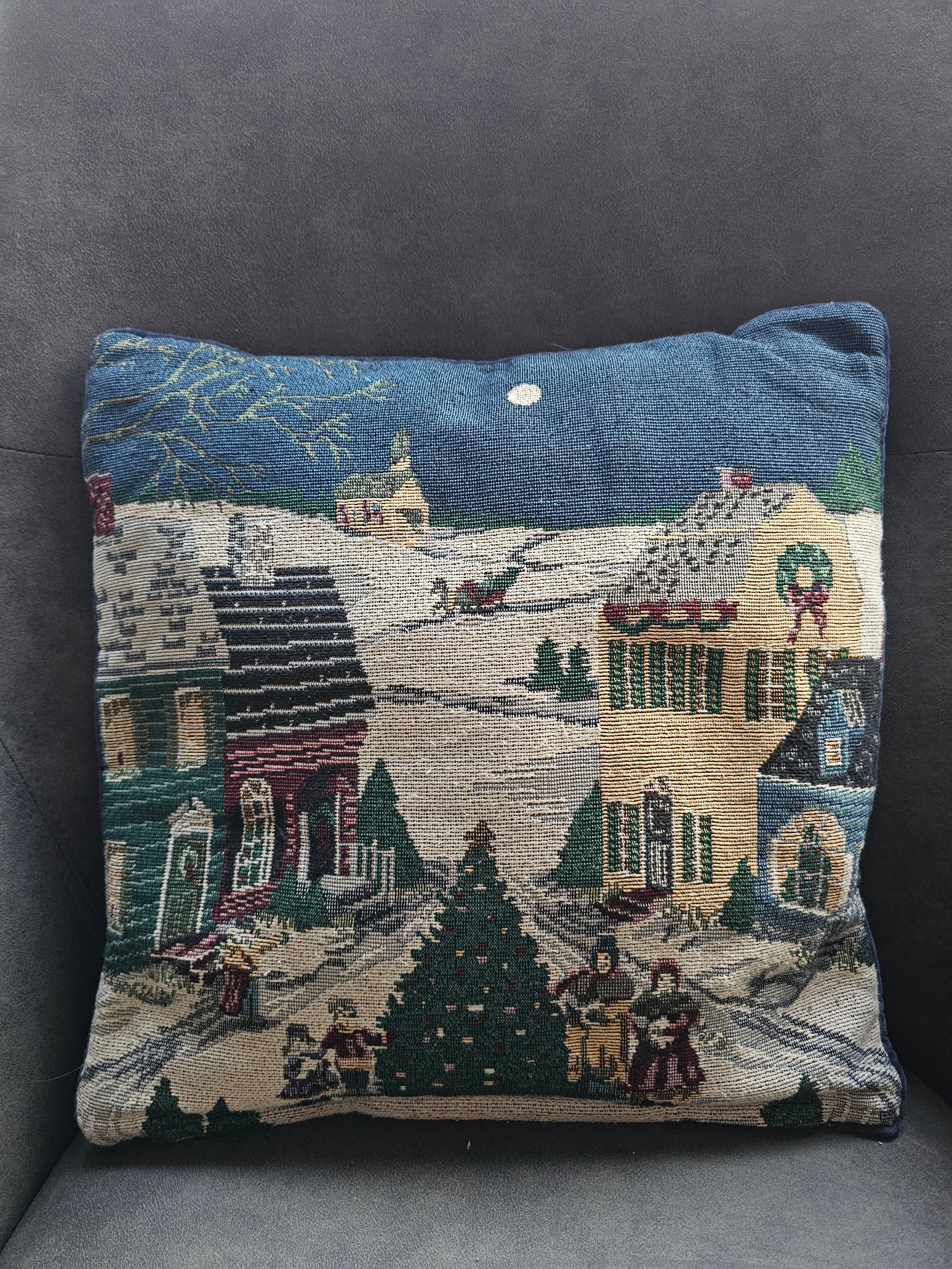 Gobelin vintage kussenhoes met rits besneeuwd kerstdorp