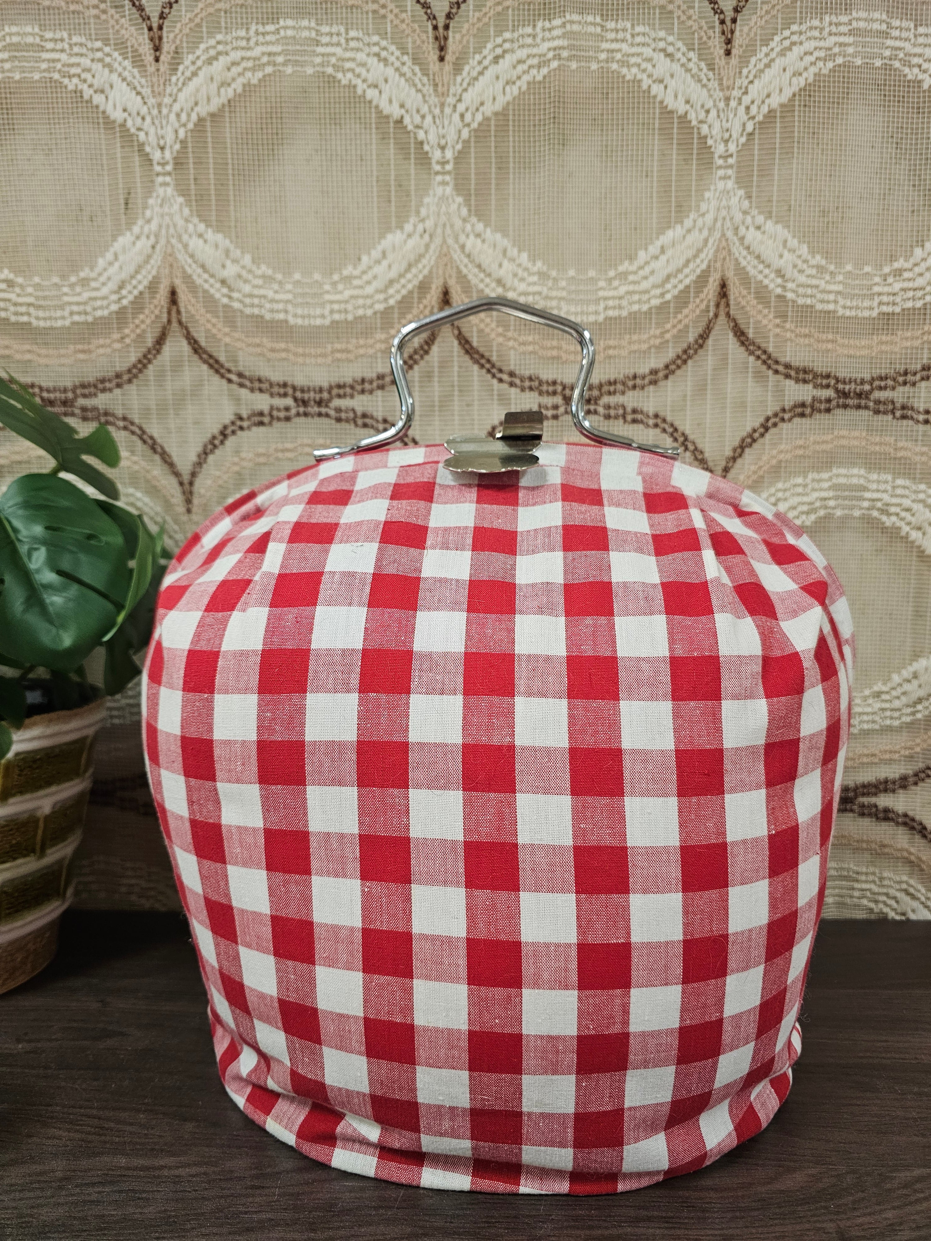 Vintage theebeurs met knip – rood wit geblokt