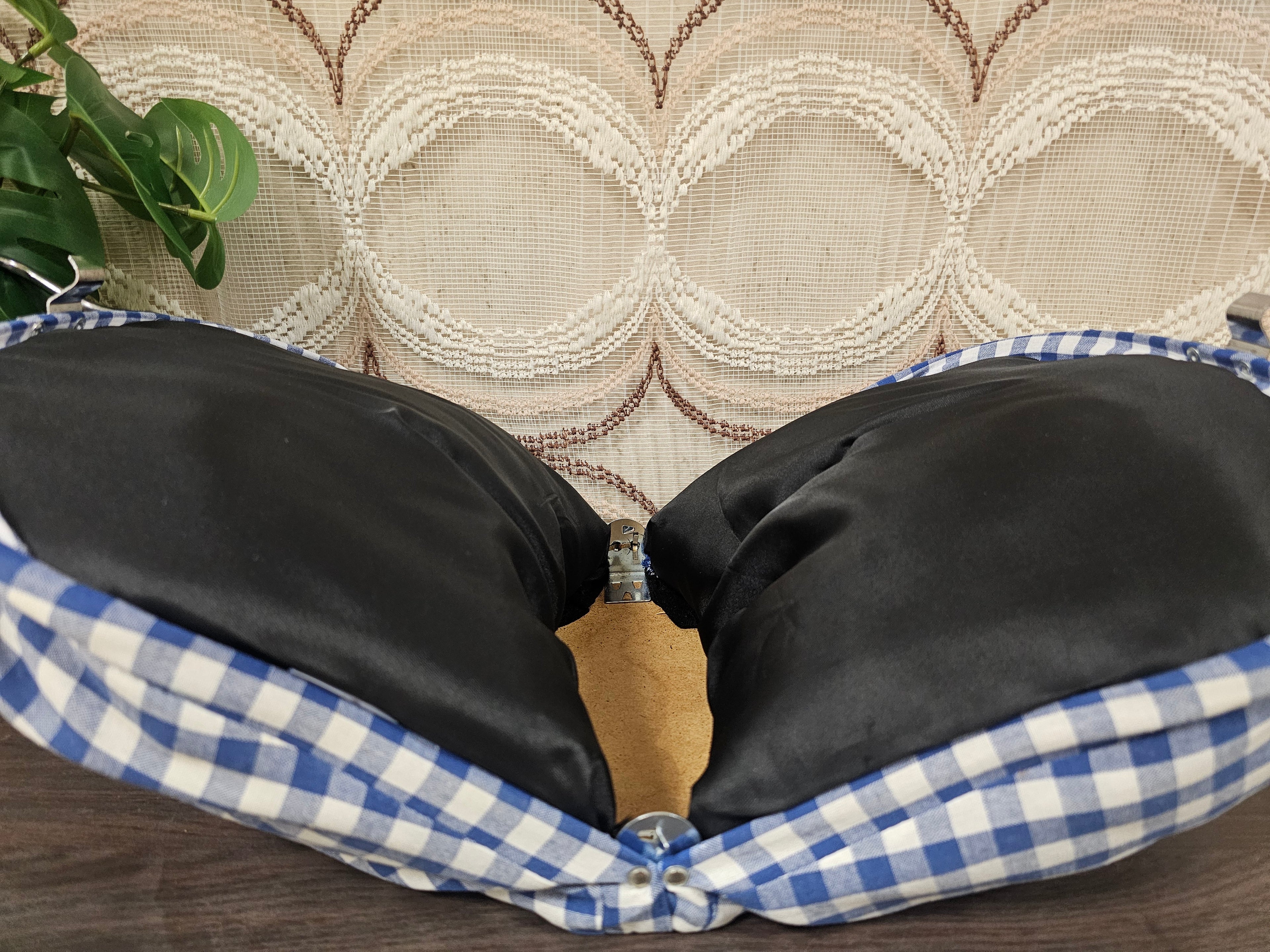 Theebeurs met knip blauw wit geblokt