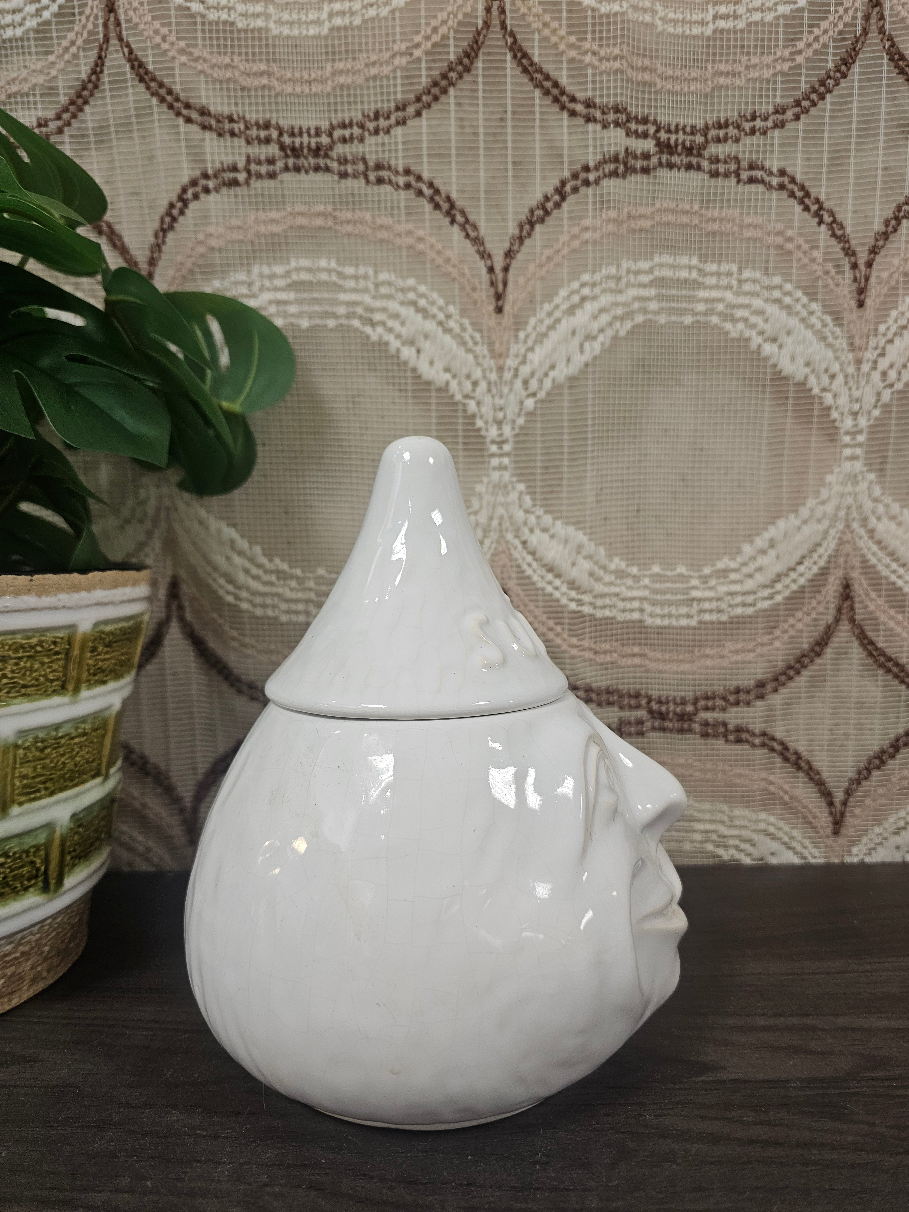 Vintage keramiek suikerpot met gezicht wit