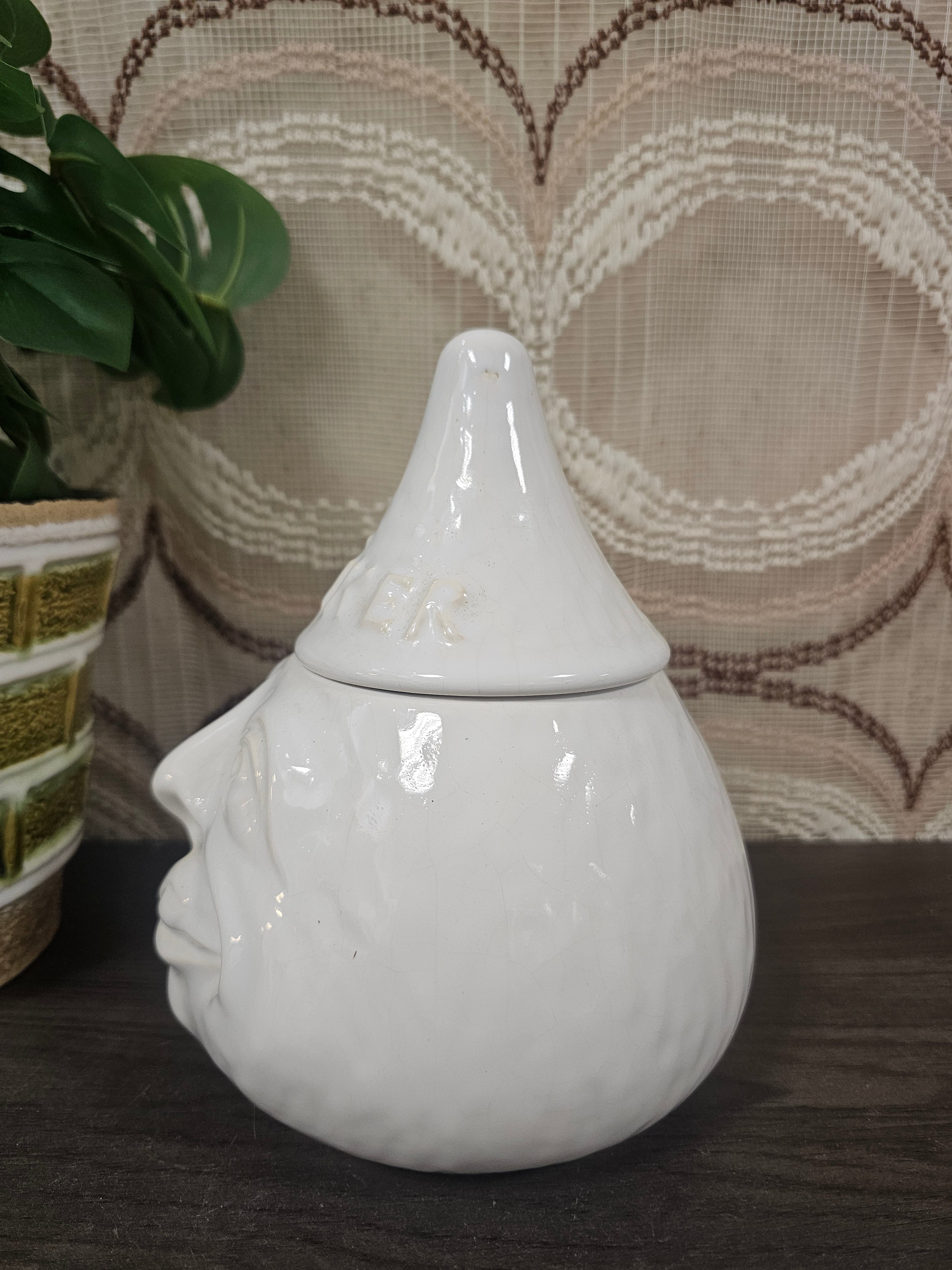 Vintage keramiek suikerpot met gezicht wit