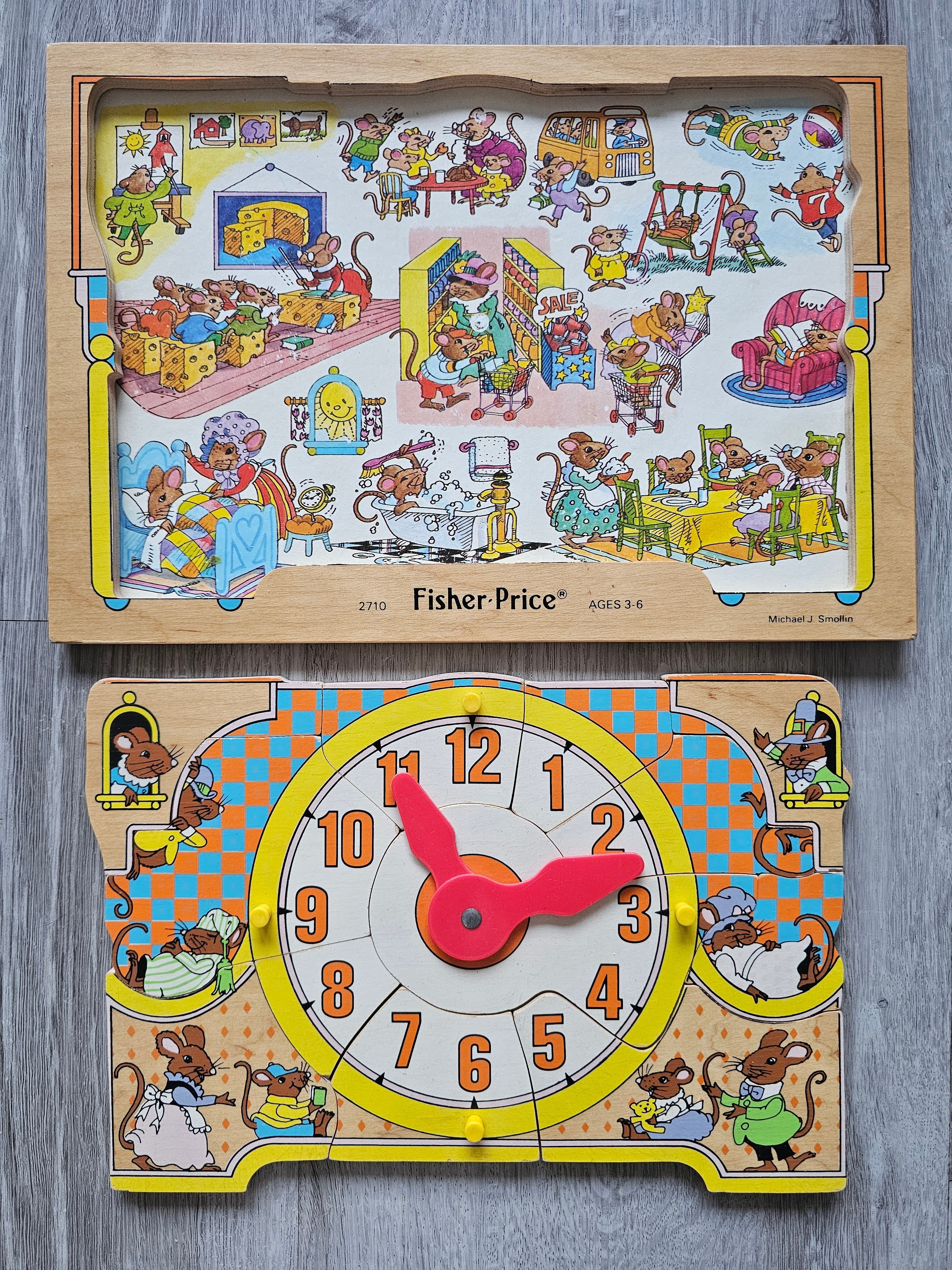 Vintage Fisher price houten puzzel met klok