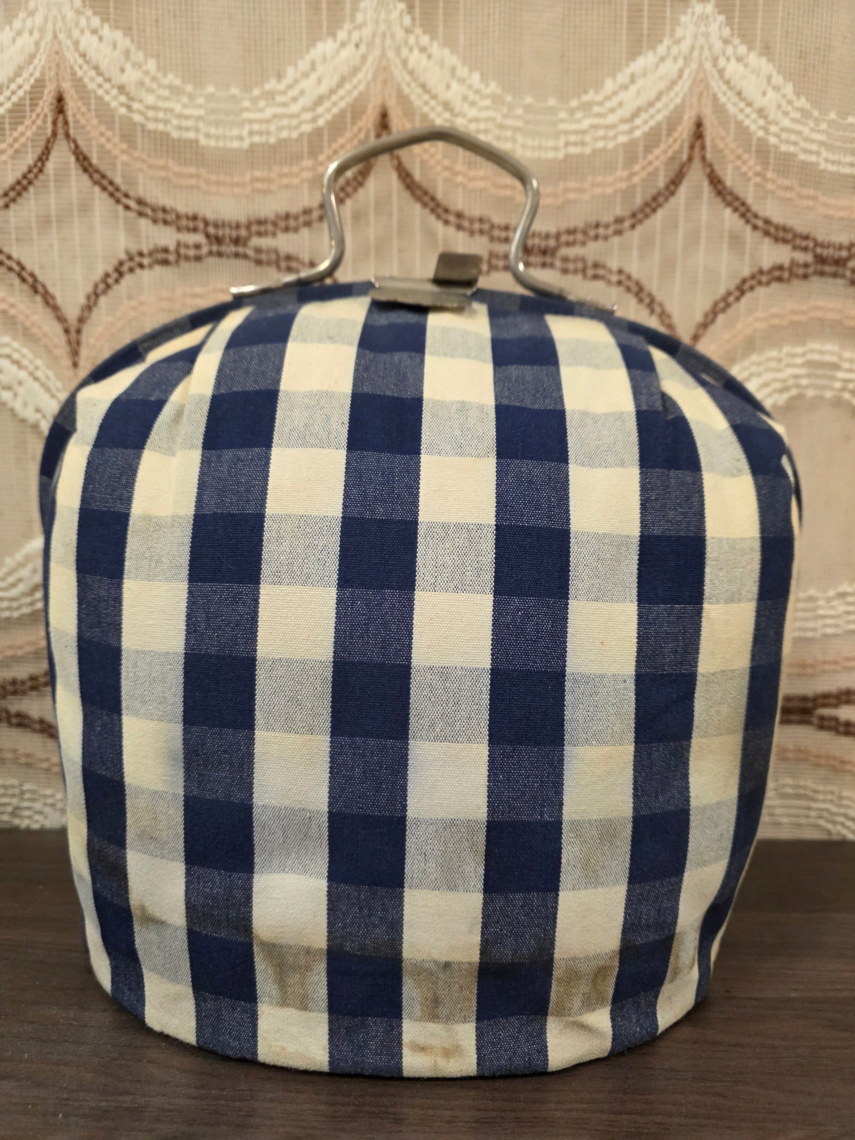 Douwe Egberts theebeurs blauw wit geblokt vintage