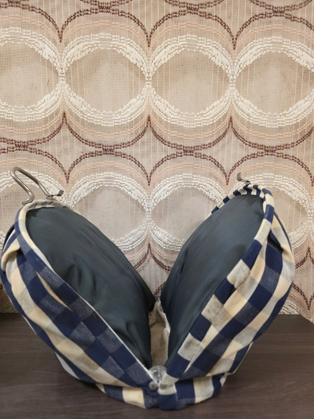 Douwe Egberts theebeurs blauw wit geblokt vintage