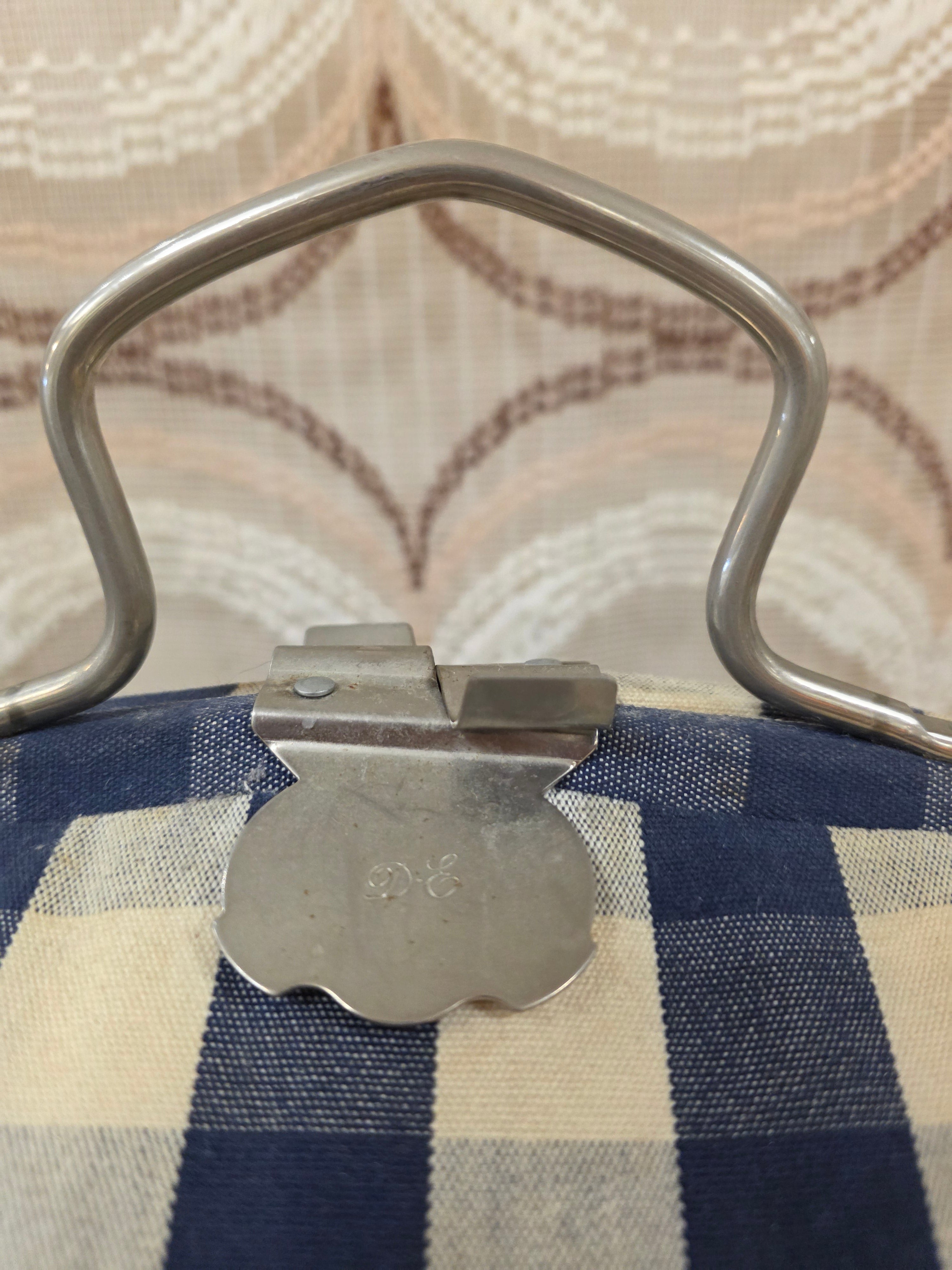 Douwe Egberts theebeurs blauw wit geblokt vintage