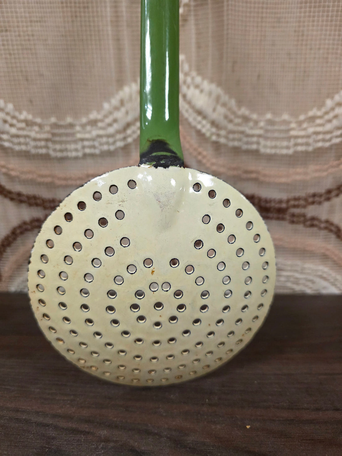 Vintage emaille schuimspaan reseda groen