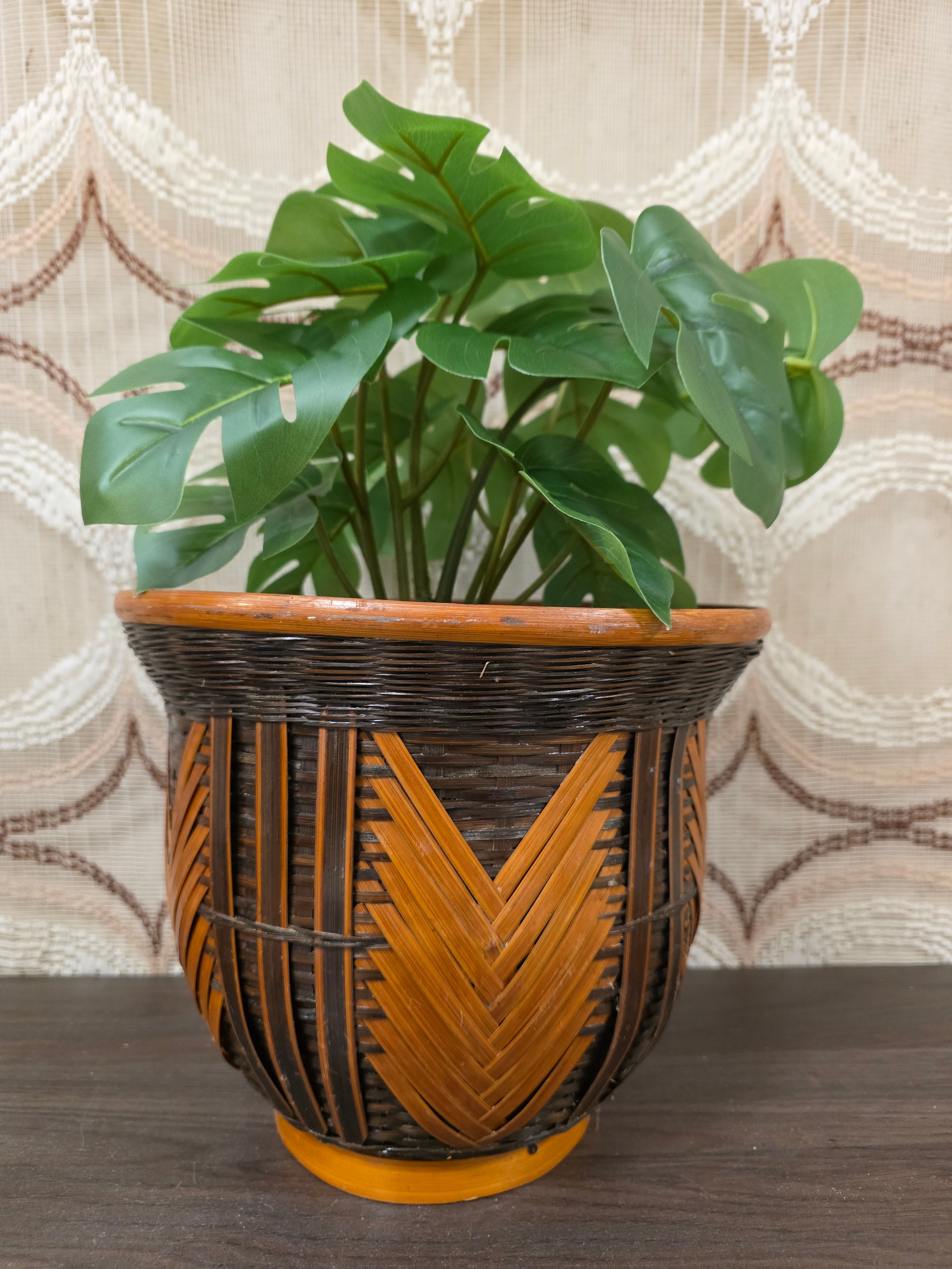 Vintage rotan bloempot 23,5 cm diameter