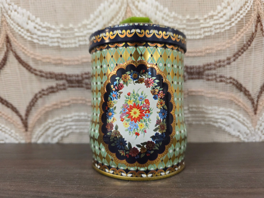 Vintage bloemen voorraadblik met groene knop 12 cm