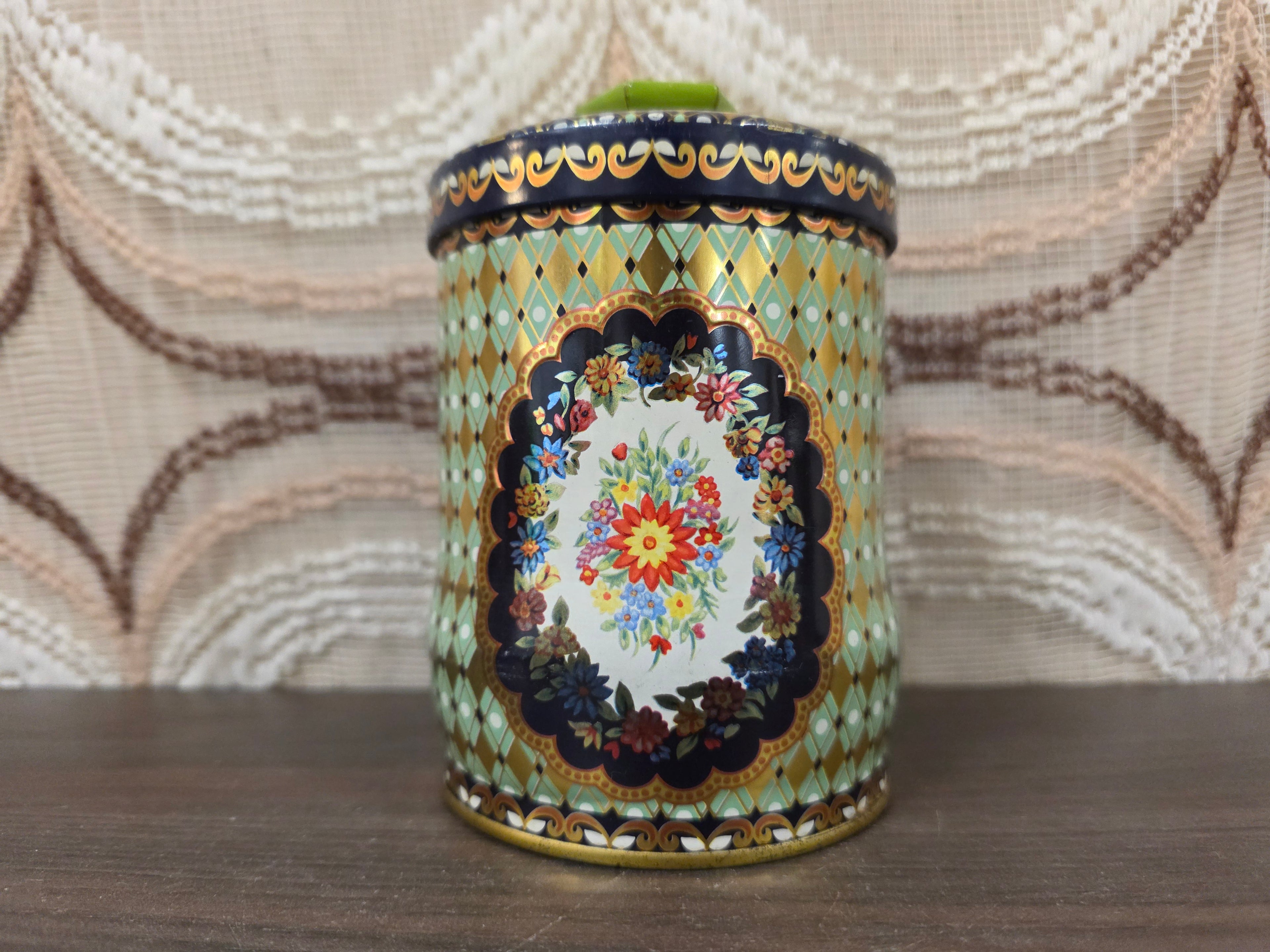 Vintage bloemen voorraadblik met groene knop 12 cm