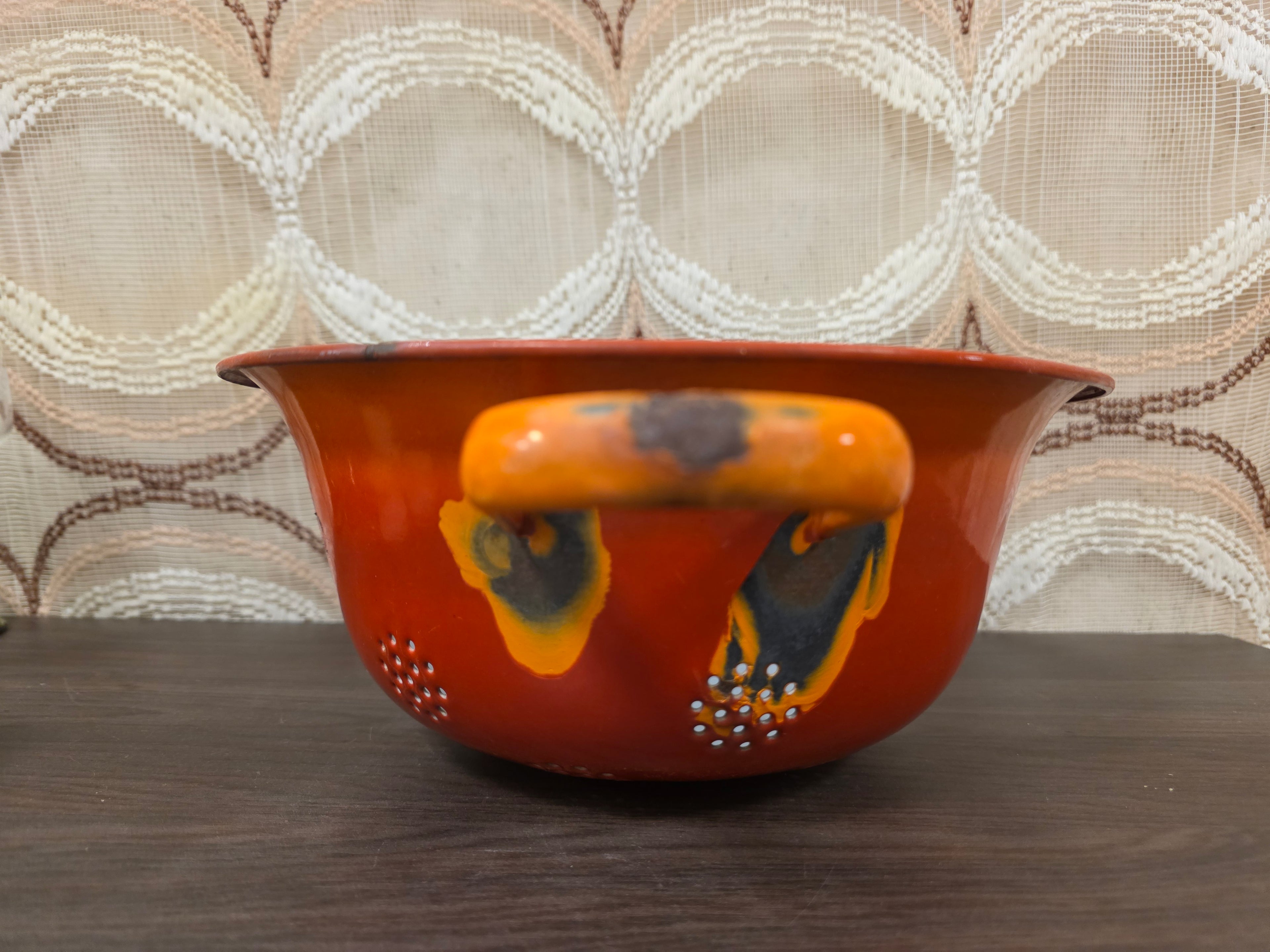 Vintage emaille vergiet oranje-grijs