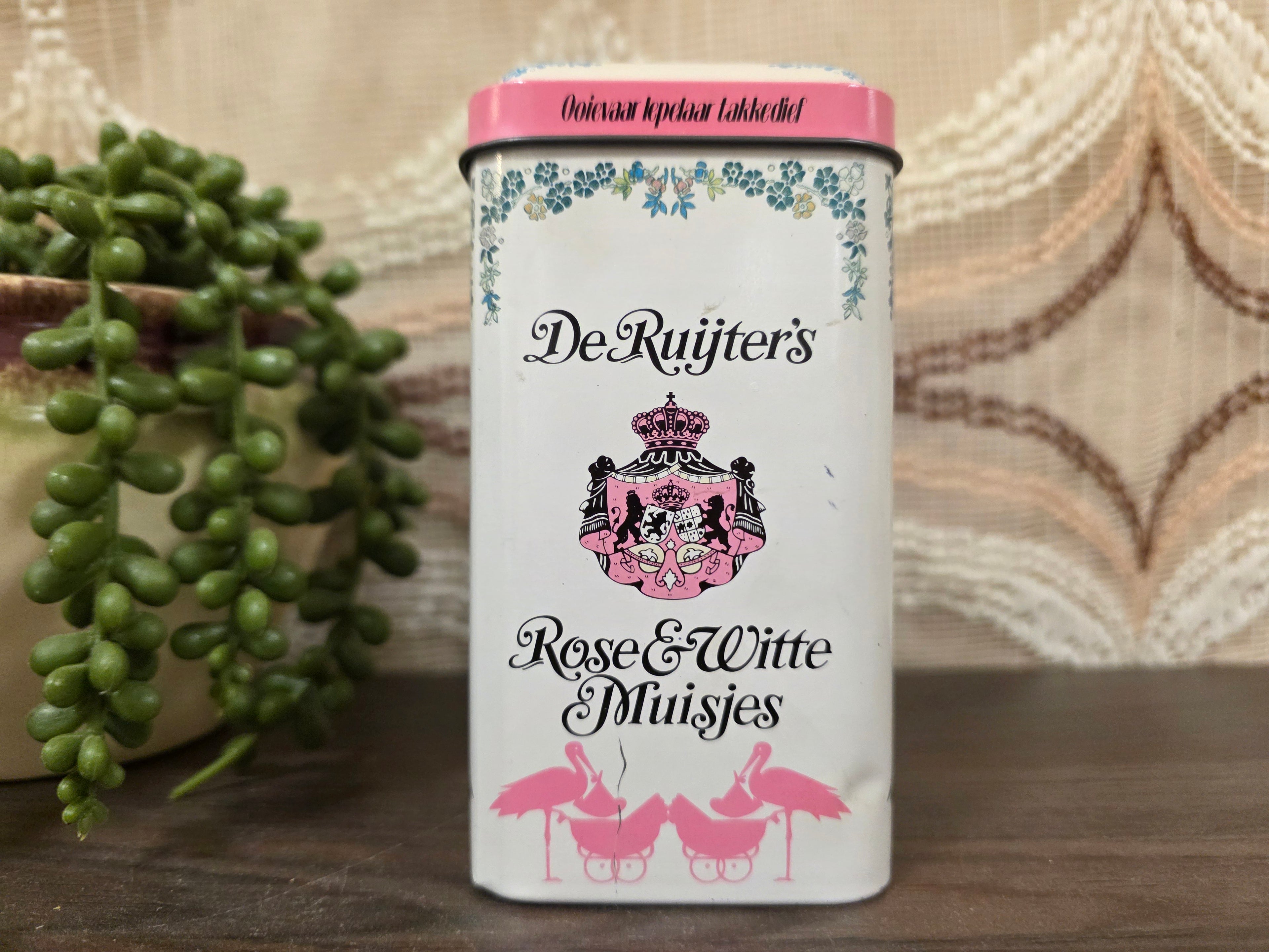 Vintage blik De Ruijter rose & witte muisjes