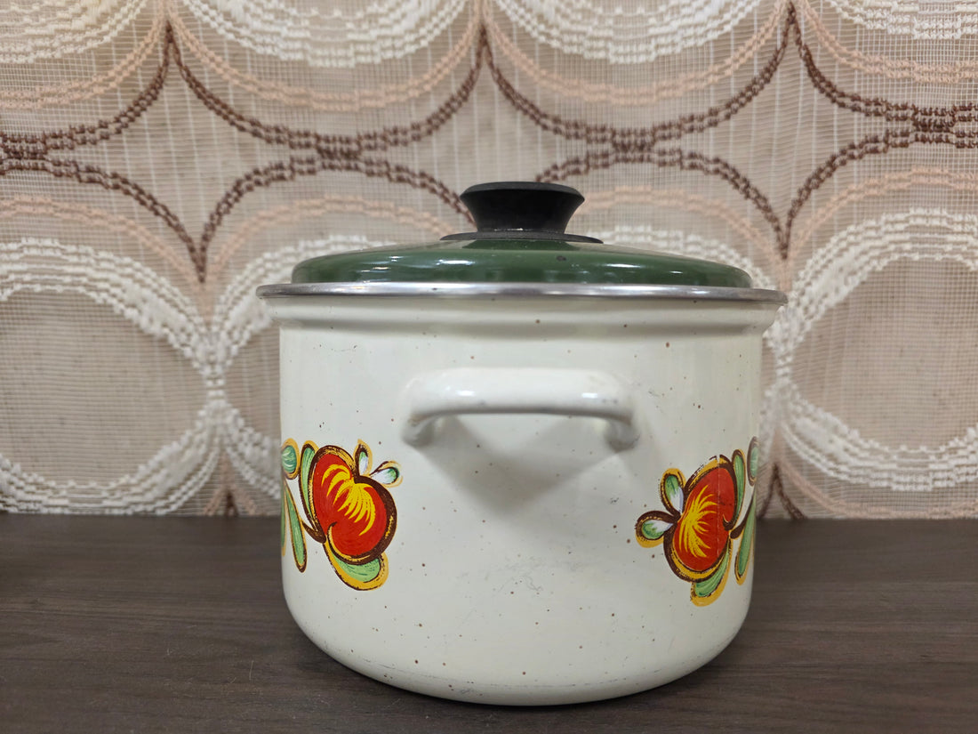 Vintage emaille pan met deksel groenteprint jaren 70