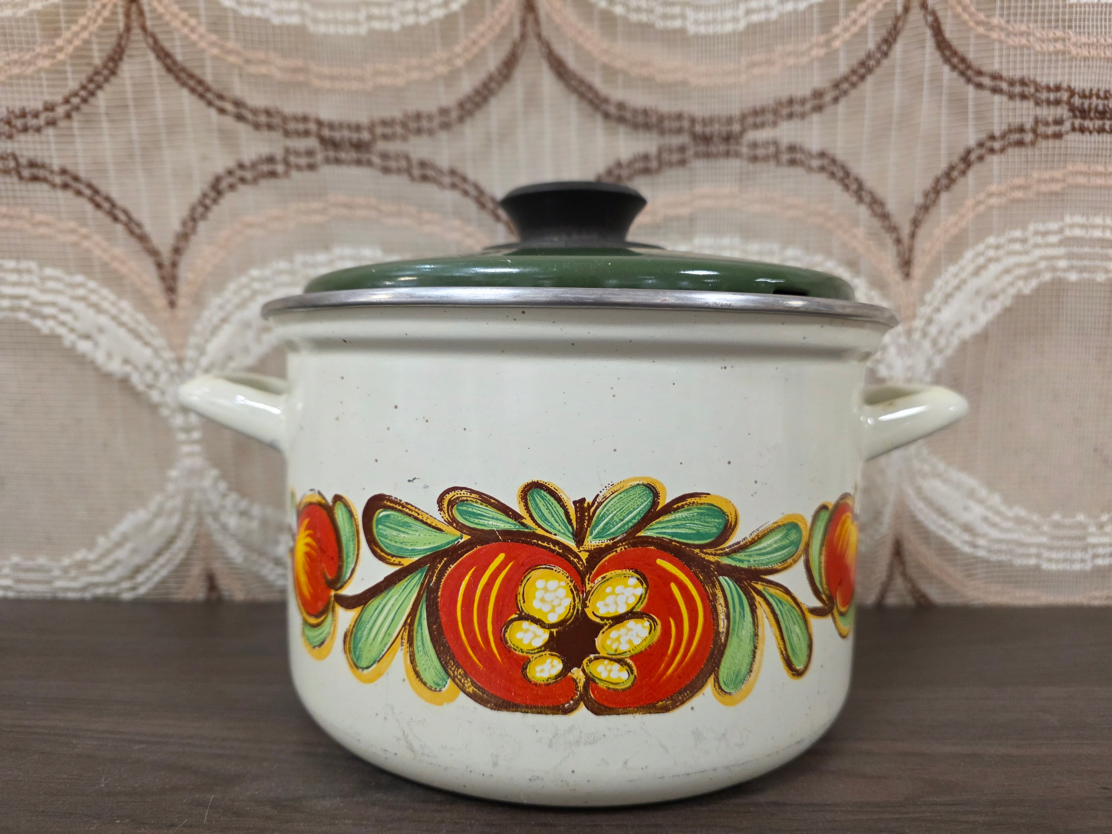 Vintage emaille pan met deksel groenteprint jaren 70